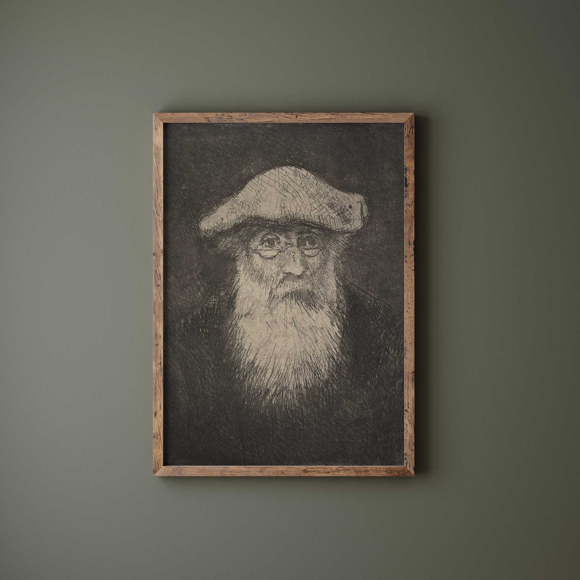 Framed portrait of Camille Pissarro with a beard and hat on a green wall