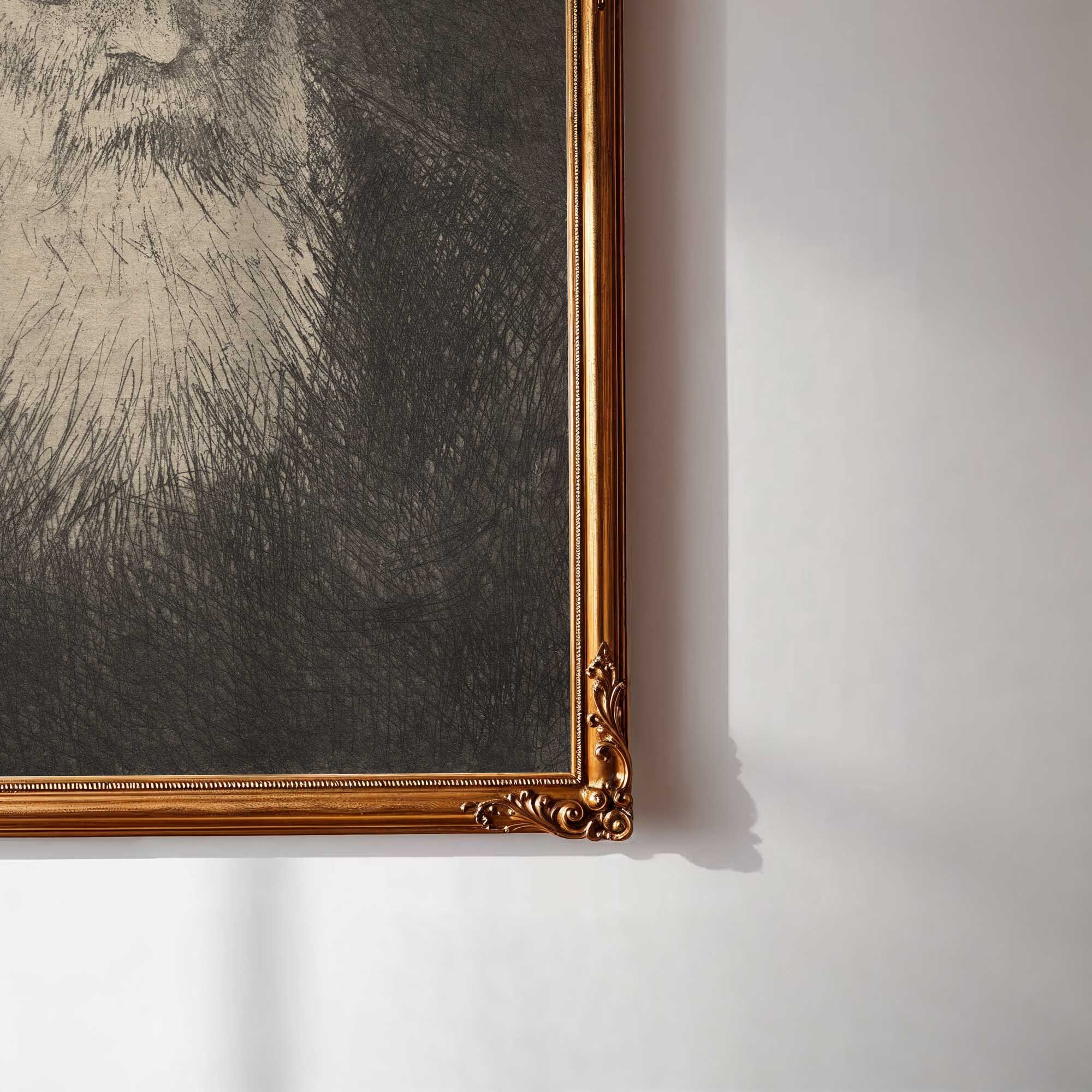 Framed black and white portrait of Camille Pissarro on a white wall