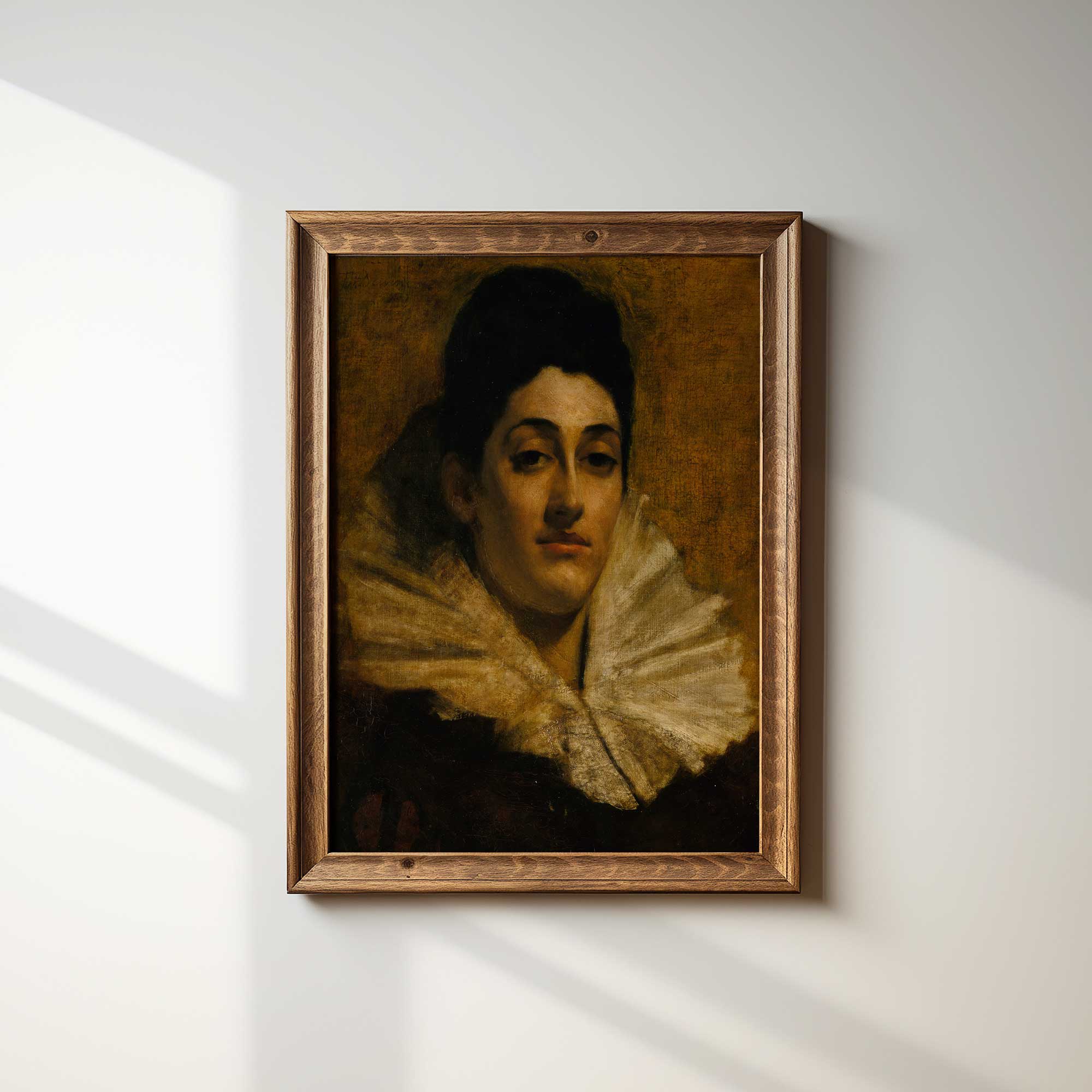 Dark Oil Painting Print of Aristocratic Woman with Lace Ruff on a white wall in a brown wooden frame