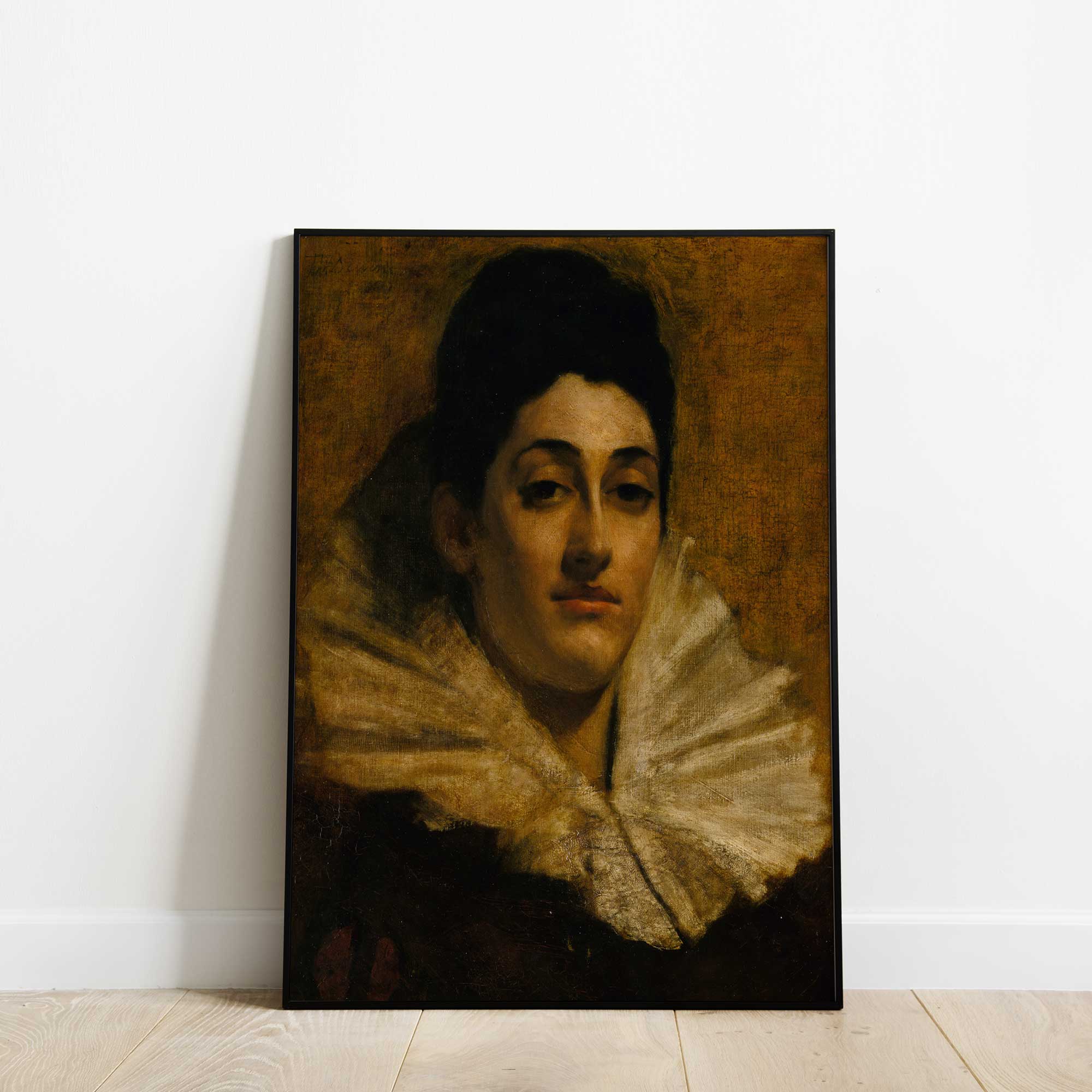 Dark Oil Painting Print of Aristocratic Woman with Lace Ruff on a white wall in a modern black frame