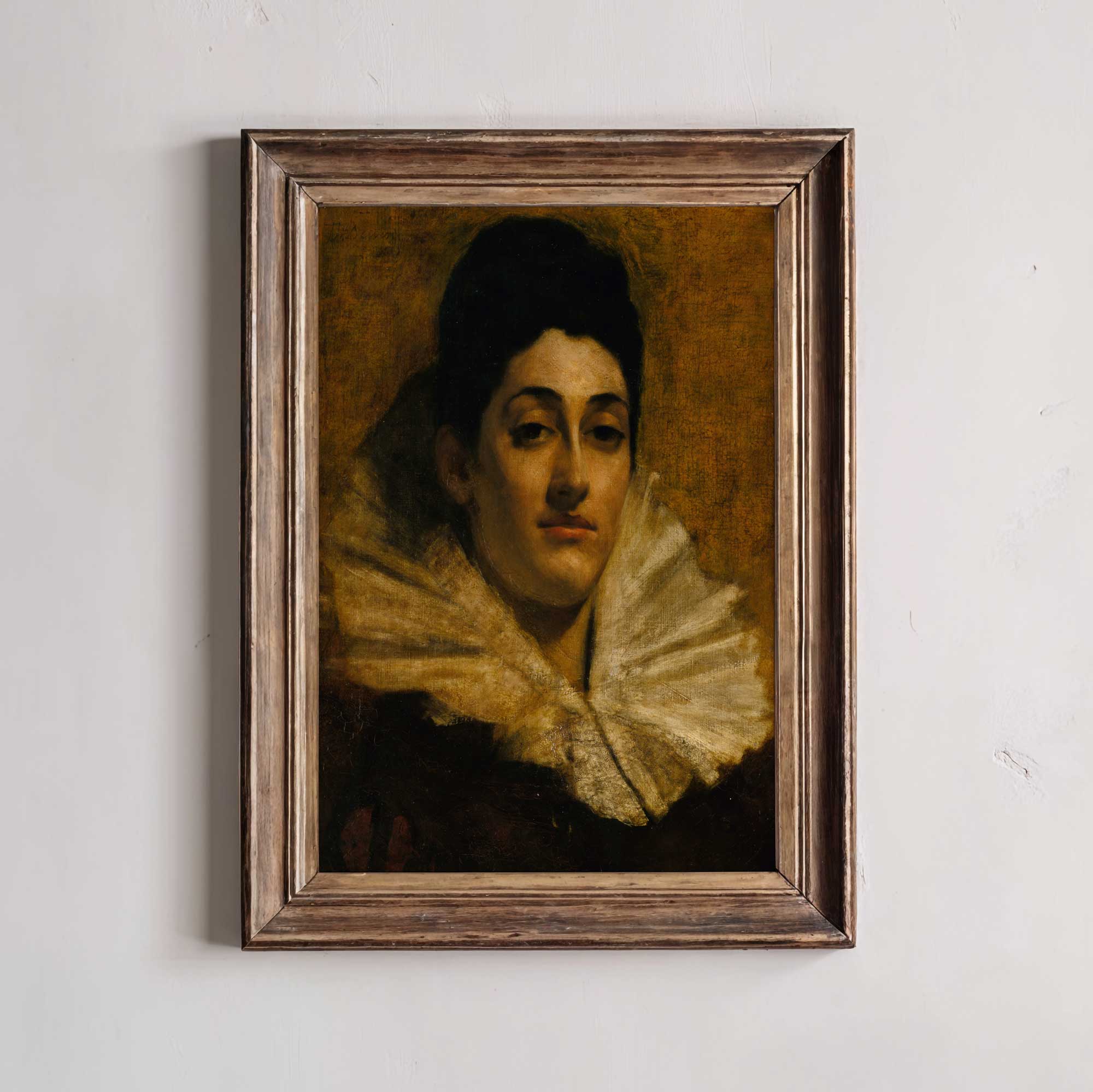 Dark Oil Painting Print of Aristocratic Woman with Lace Ruff on a white wall in wooden frame
