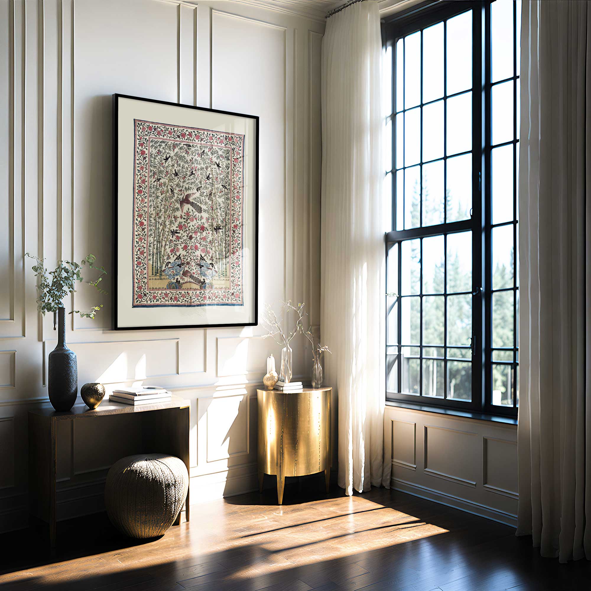 Botanical textile print with vintage bird and floral design displayed in classic living room setting.