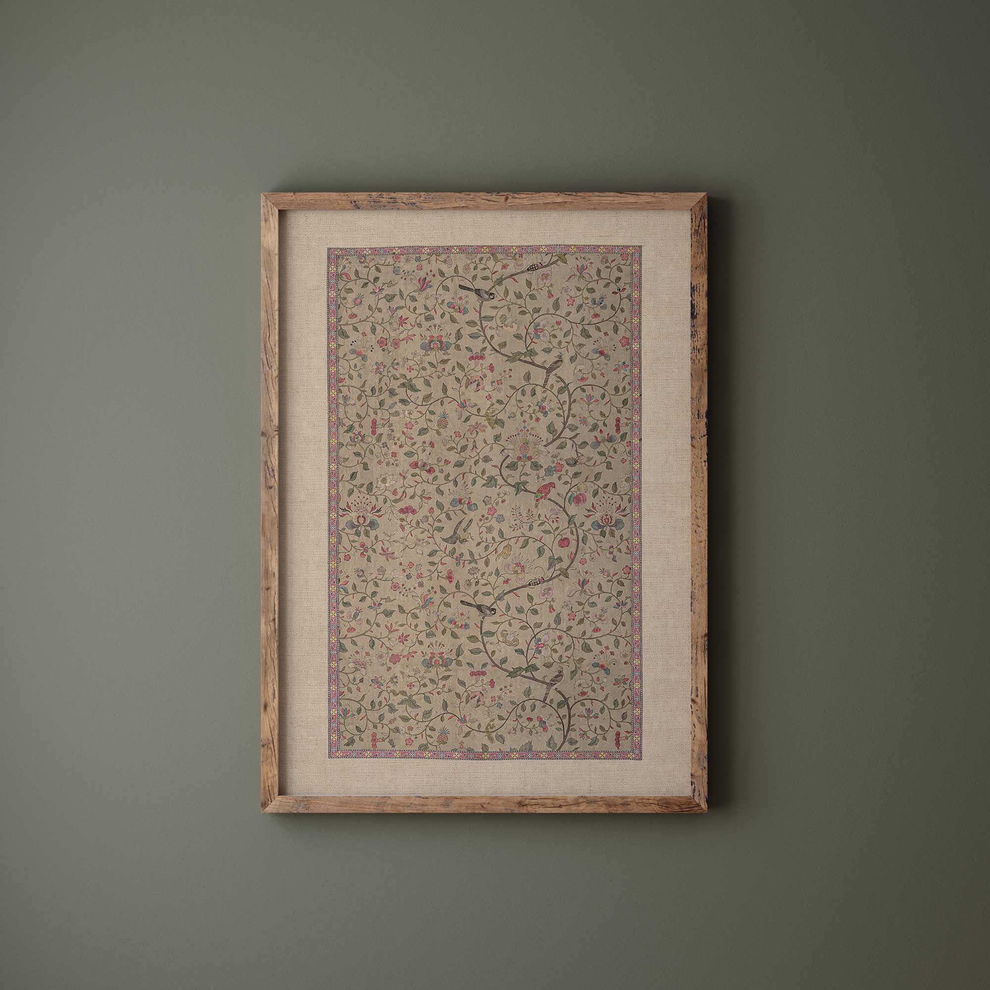 Vintage Chinoiserie Botanical Print in a wooden frame with green background.
