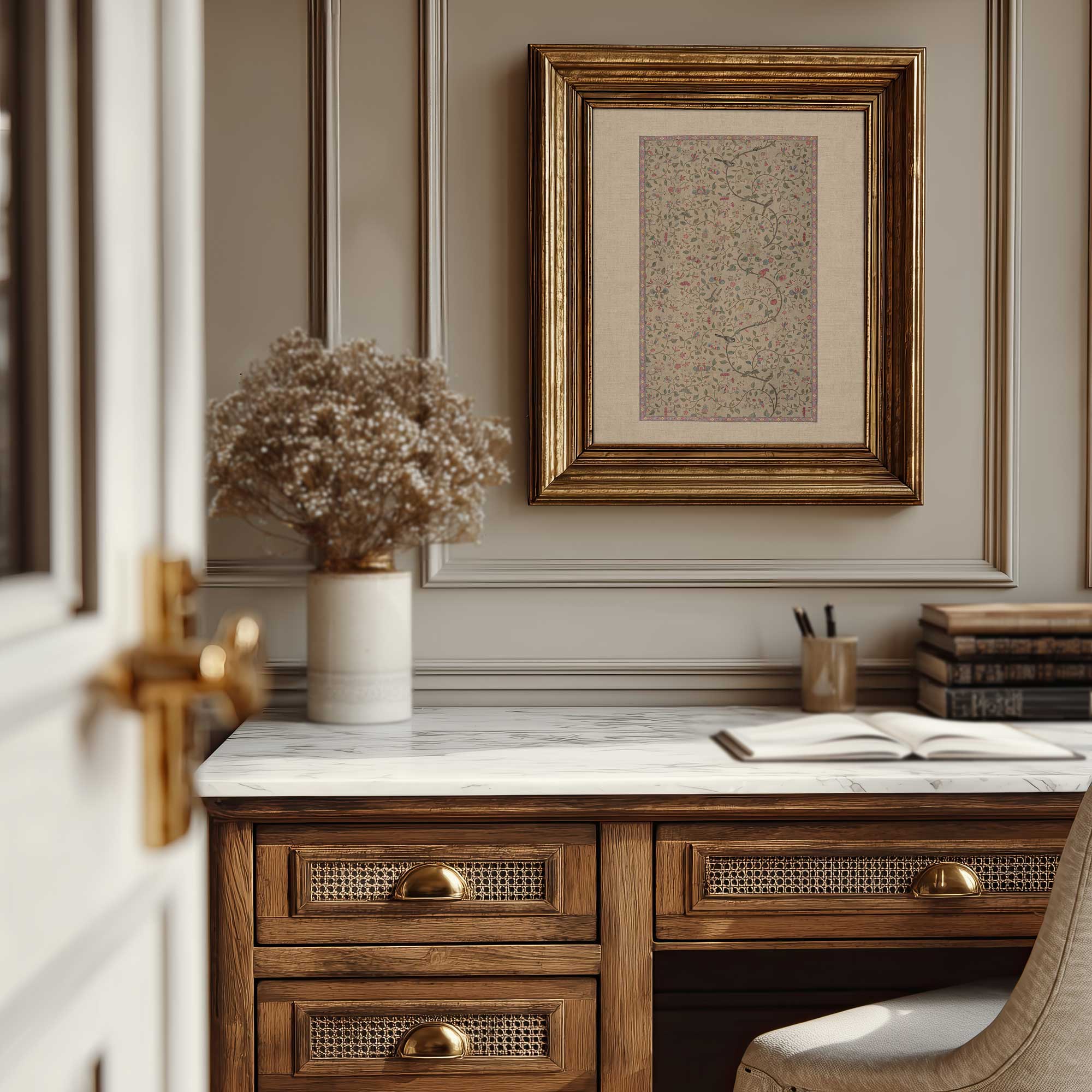 Vintage Chinoiserie Botanical Print in Gold Frame