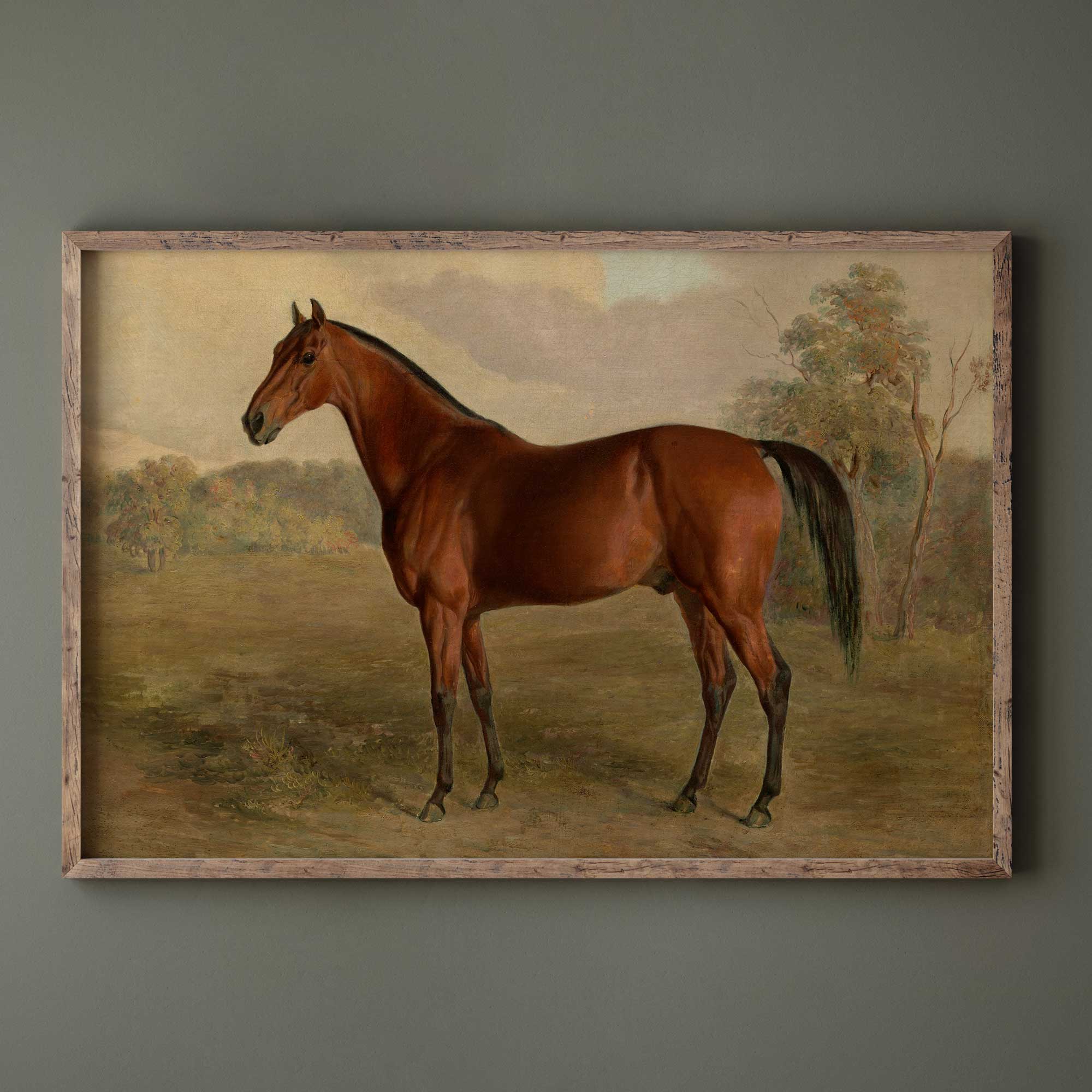 Framed painting of a brown horse Rustic country wall art in a pastoral setting on a green wall.