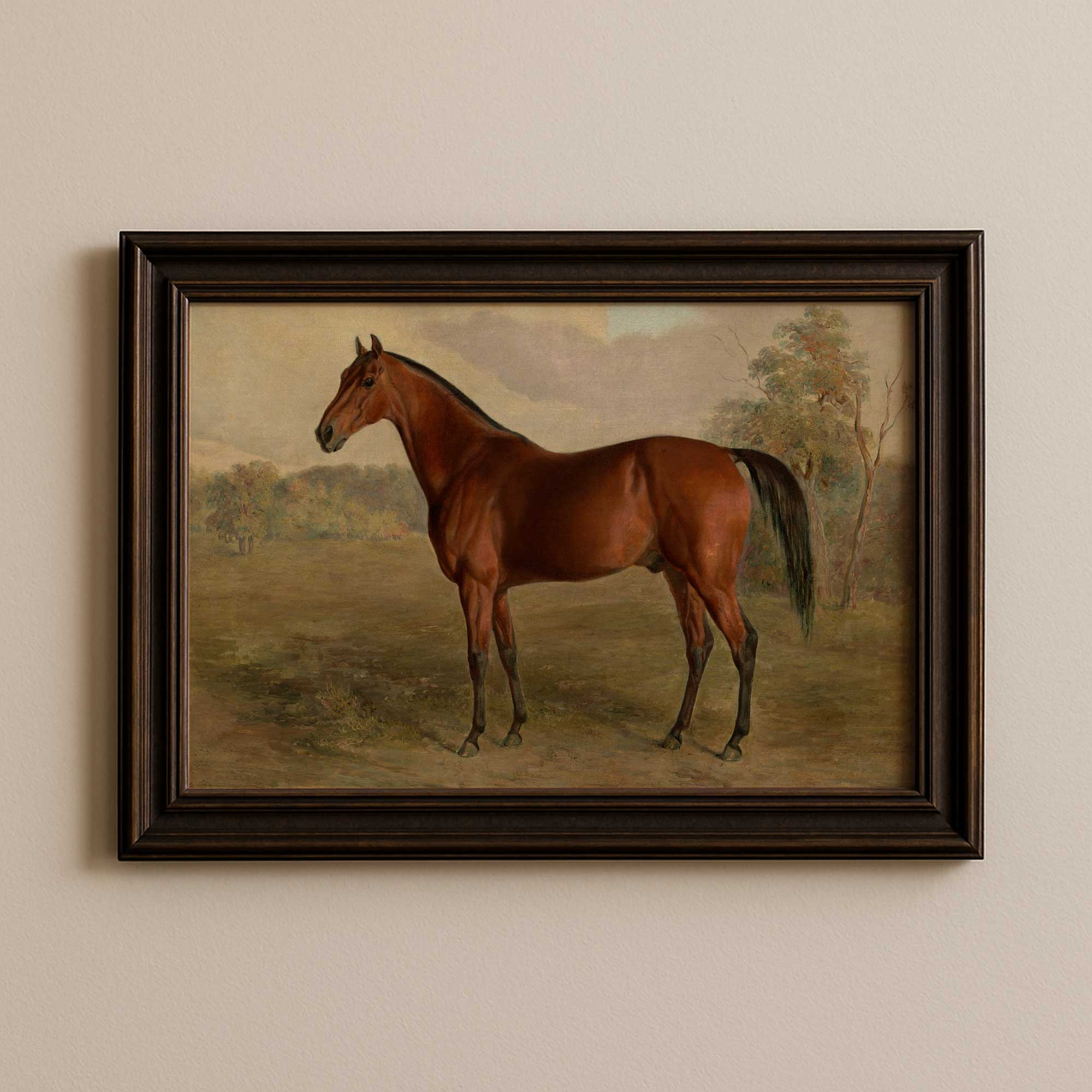 Framed Vintage Horse Portrait print Rustic Country Wall Art on a beige wall