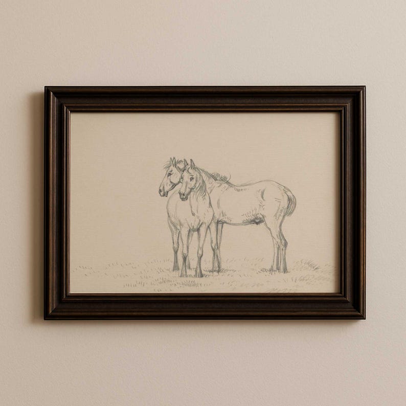 Framed Vintage Horse Sketch Print, Neutral Rustic Wall Art