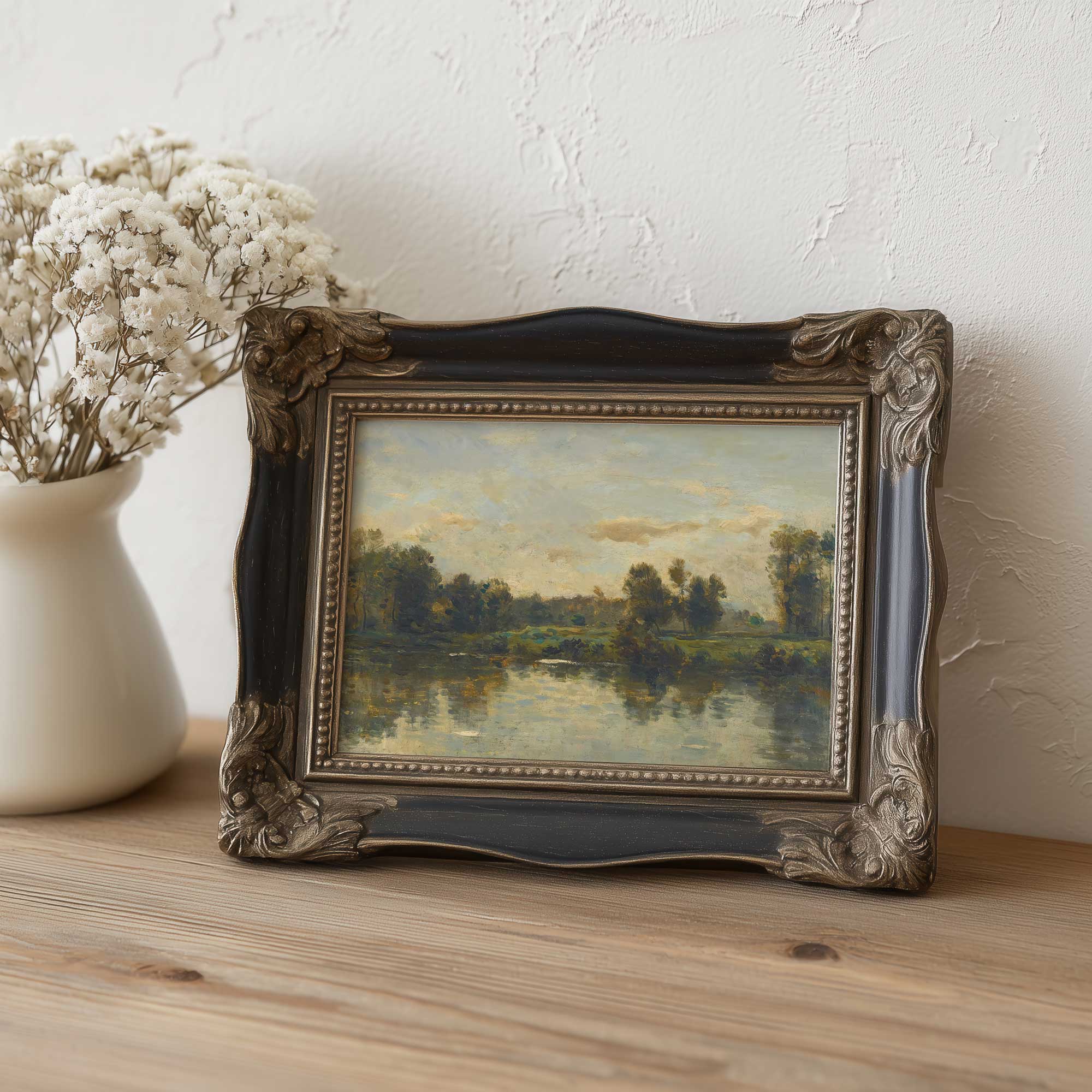 Framed French landscape Wall Art on a wooden surface with a vase of white flowers.