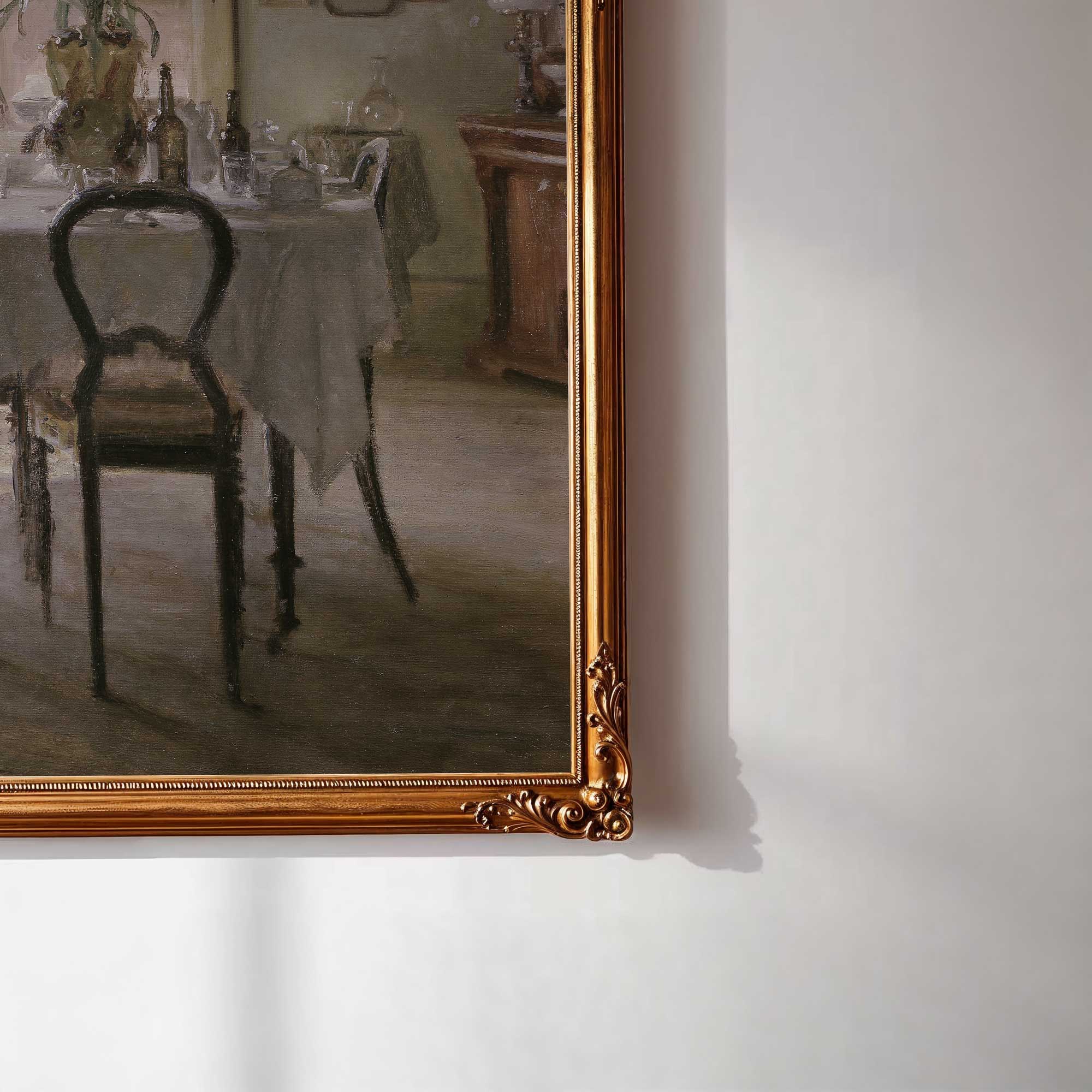 Close-up detail of vintage dining room print featuring a farmhouse table and woman by the window