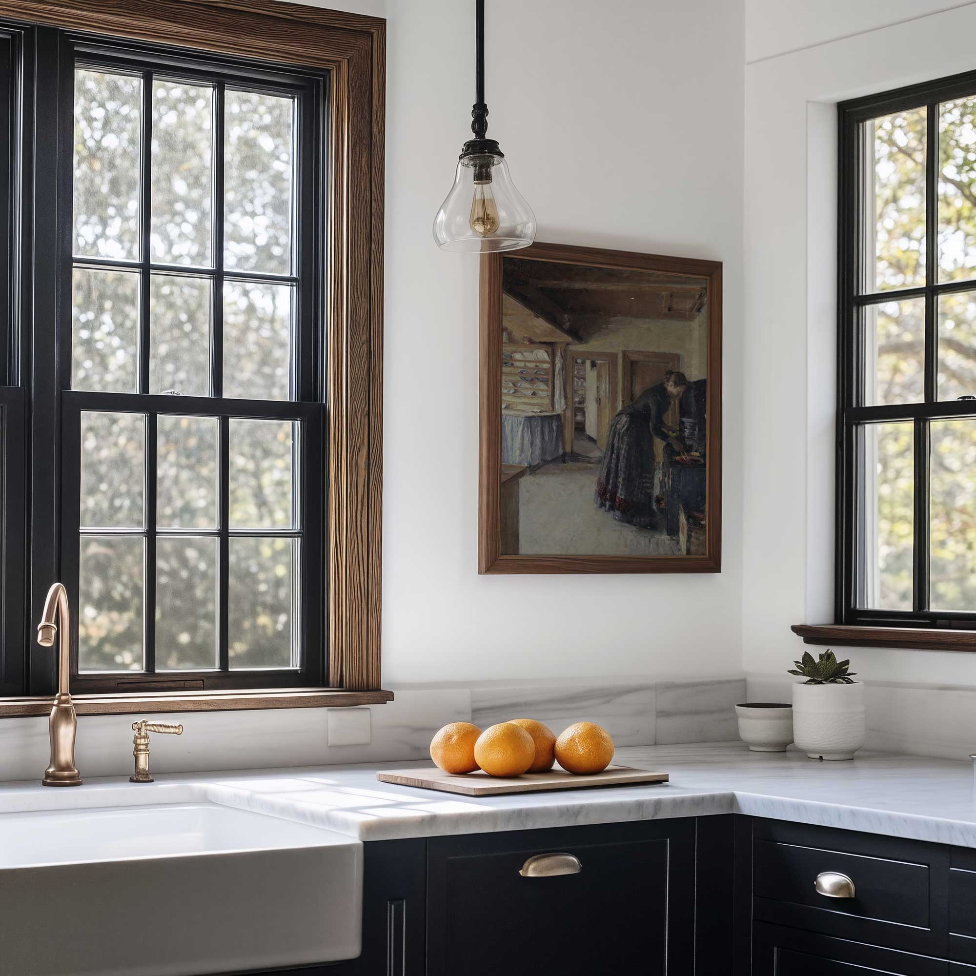 Vintage kitchen scene wall art displayed in a modern farmhouse kitchen with wooden frame