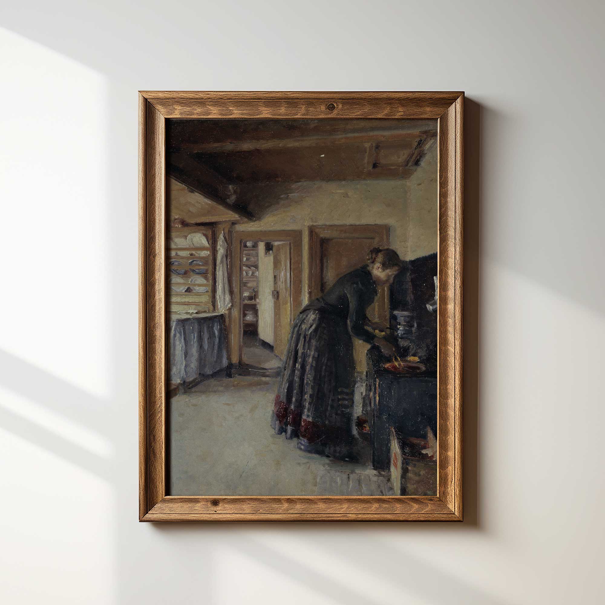 Country farmhouse wall art featuring a vintage kitchen interior with woman cooking at the stove