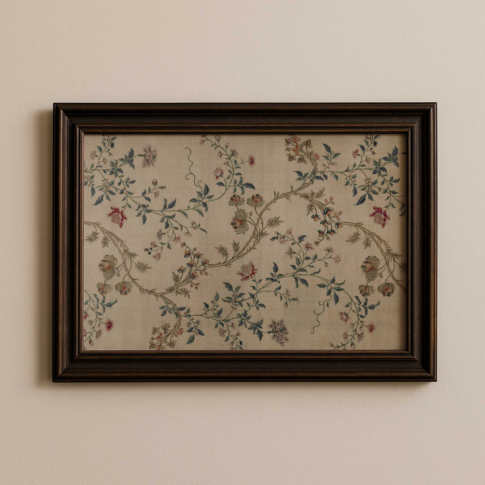 Vintage Floral Chinoiserie Print | Antique Botanical Textile Art