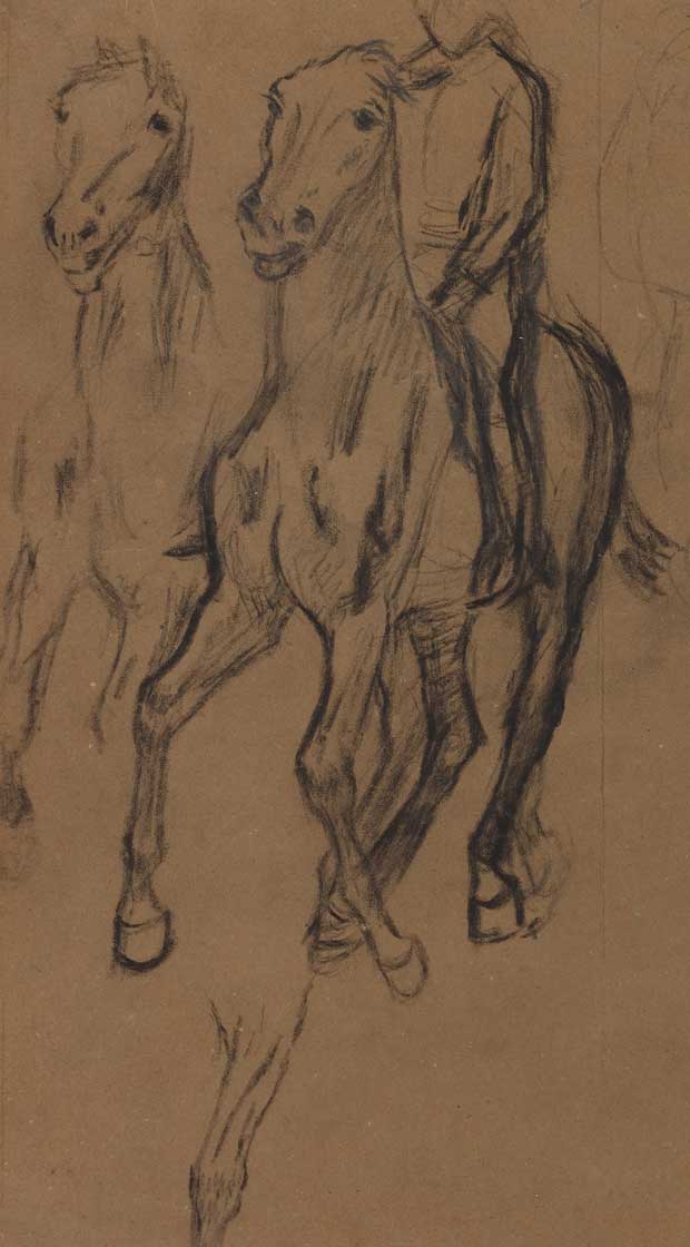 "Sketch of a horse and rider in minimalistic black lines, representing sketch and tapestry art collection.