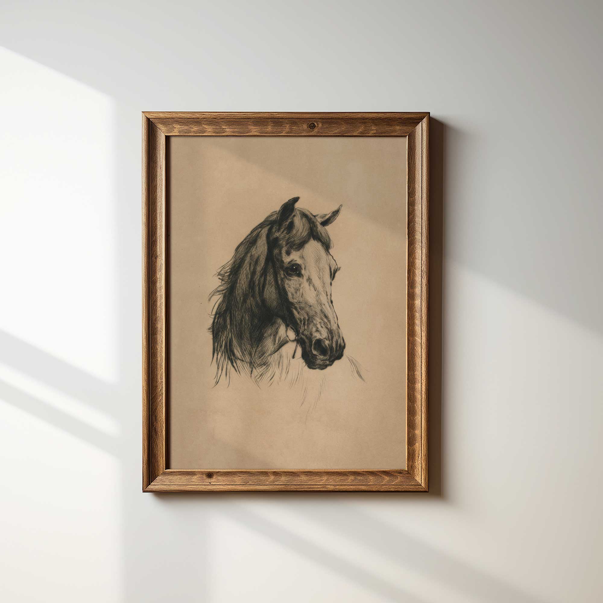 Framed drawing of a horse head on a beige background