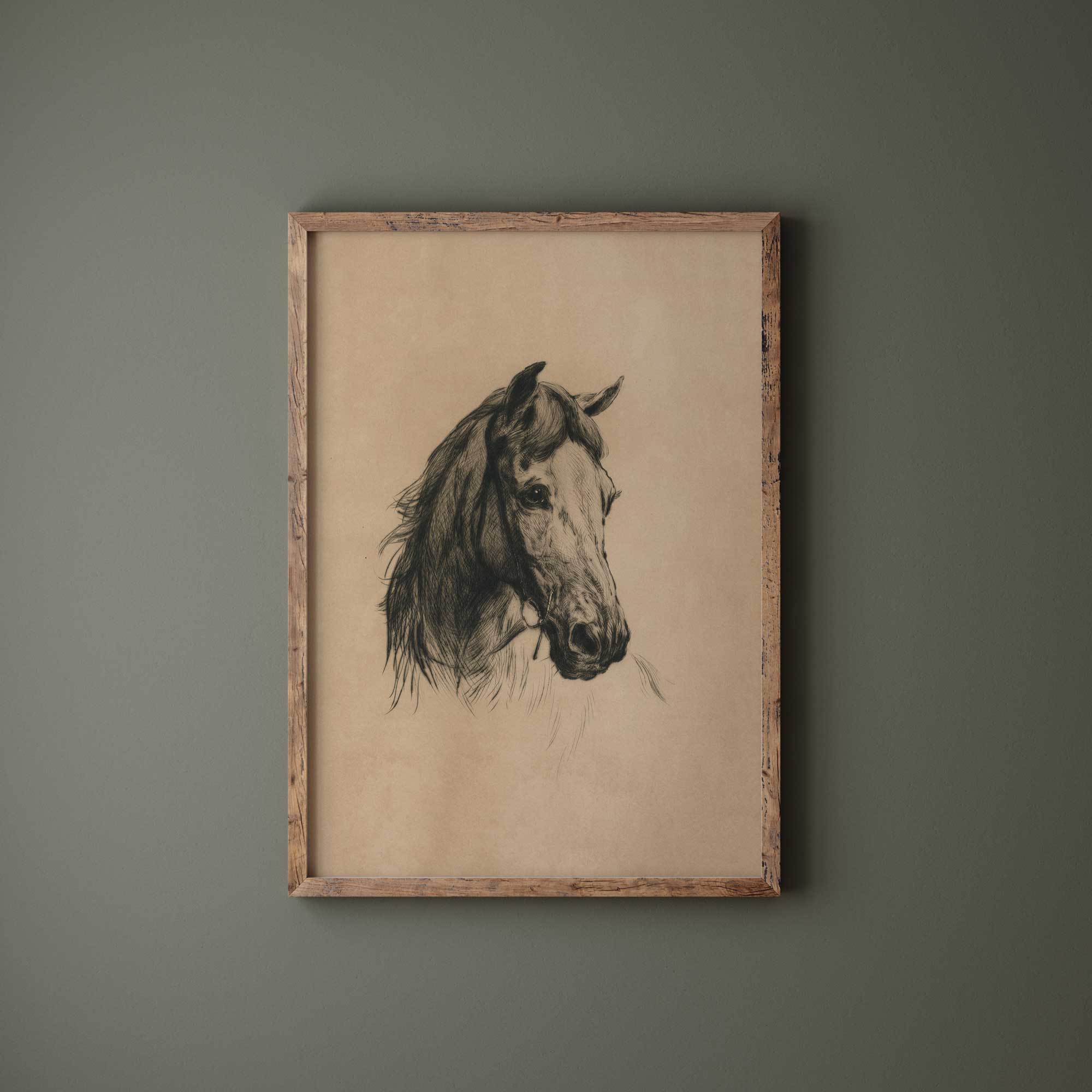Framed drawing of a horse head on a green wall
