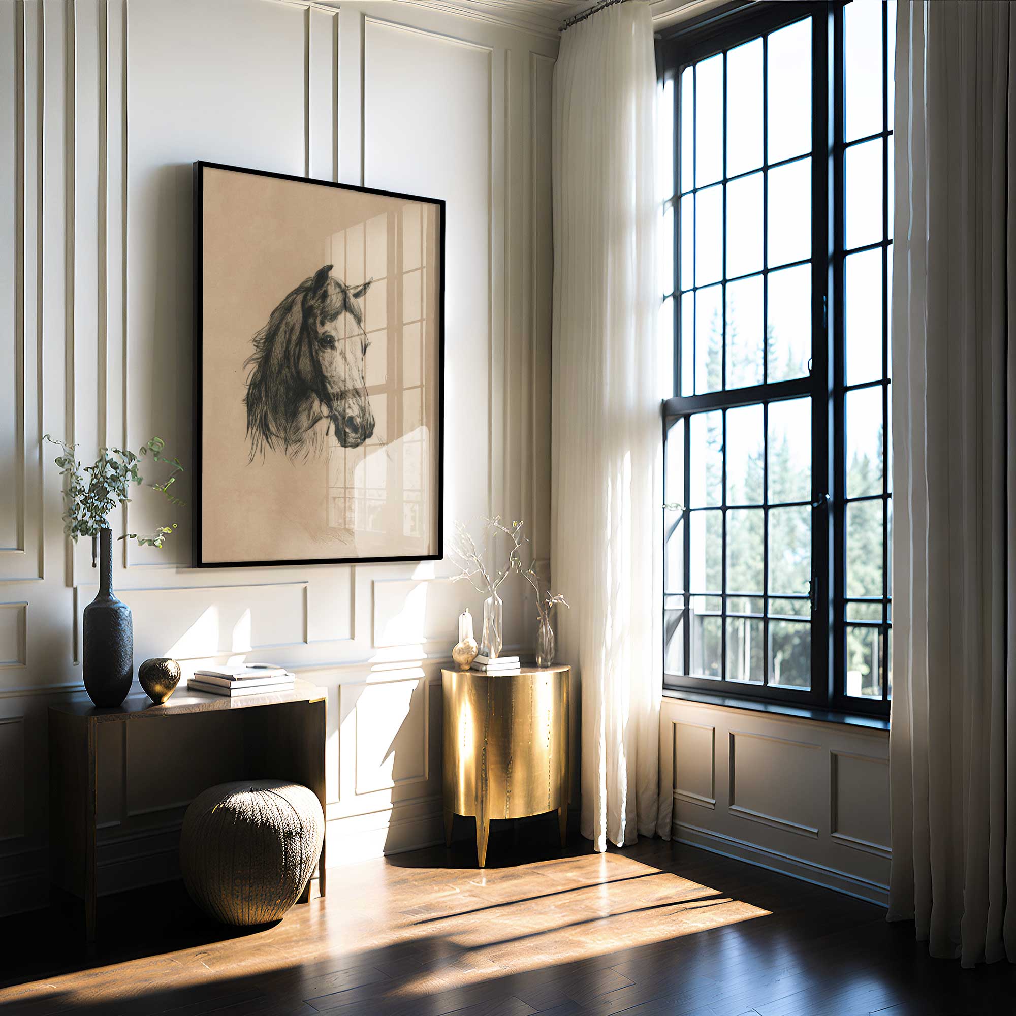 Modern interior with a horse portrait, gold side table, and large window.