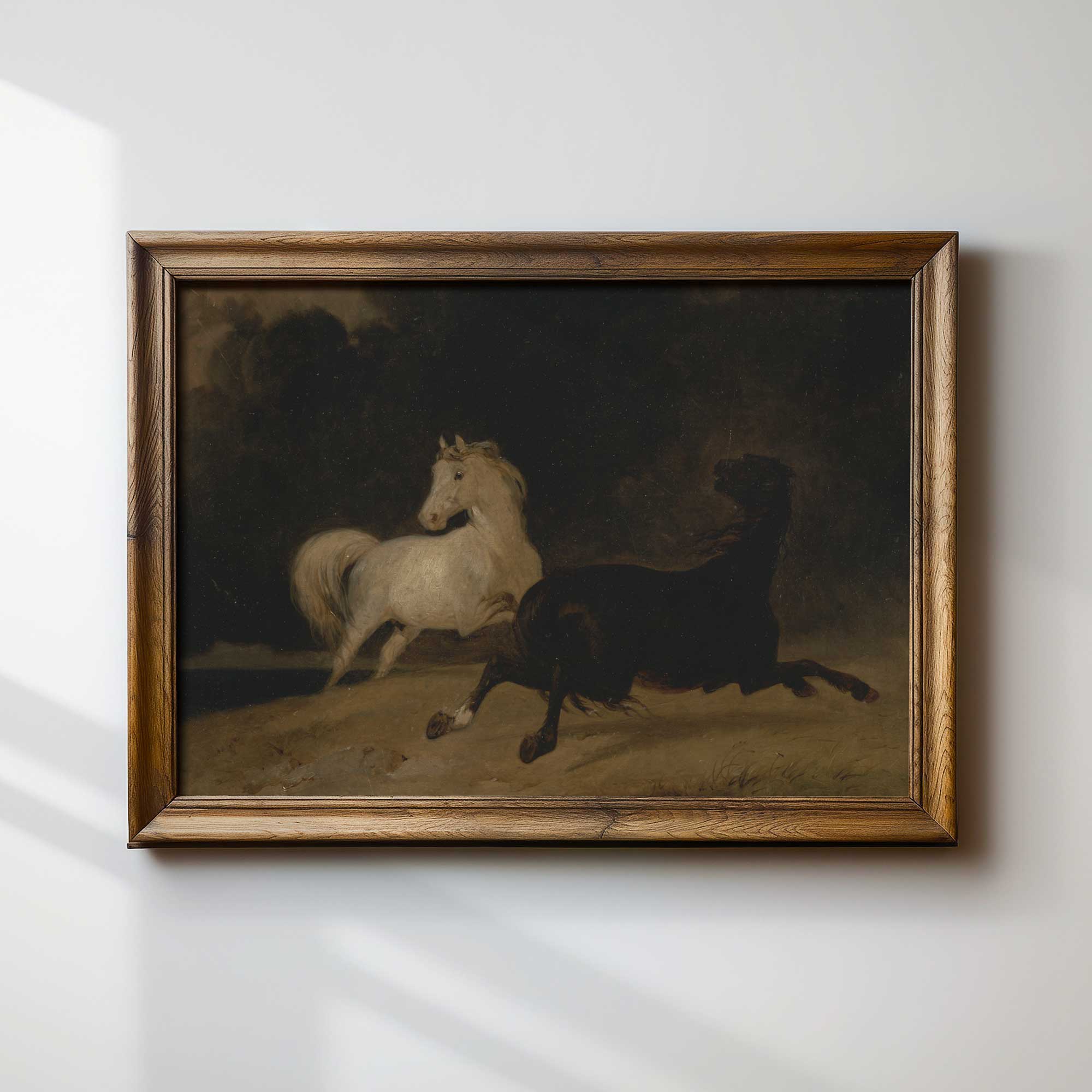 two dramatic horses in a dark, moody oil painting style in rustic frame