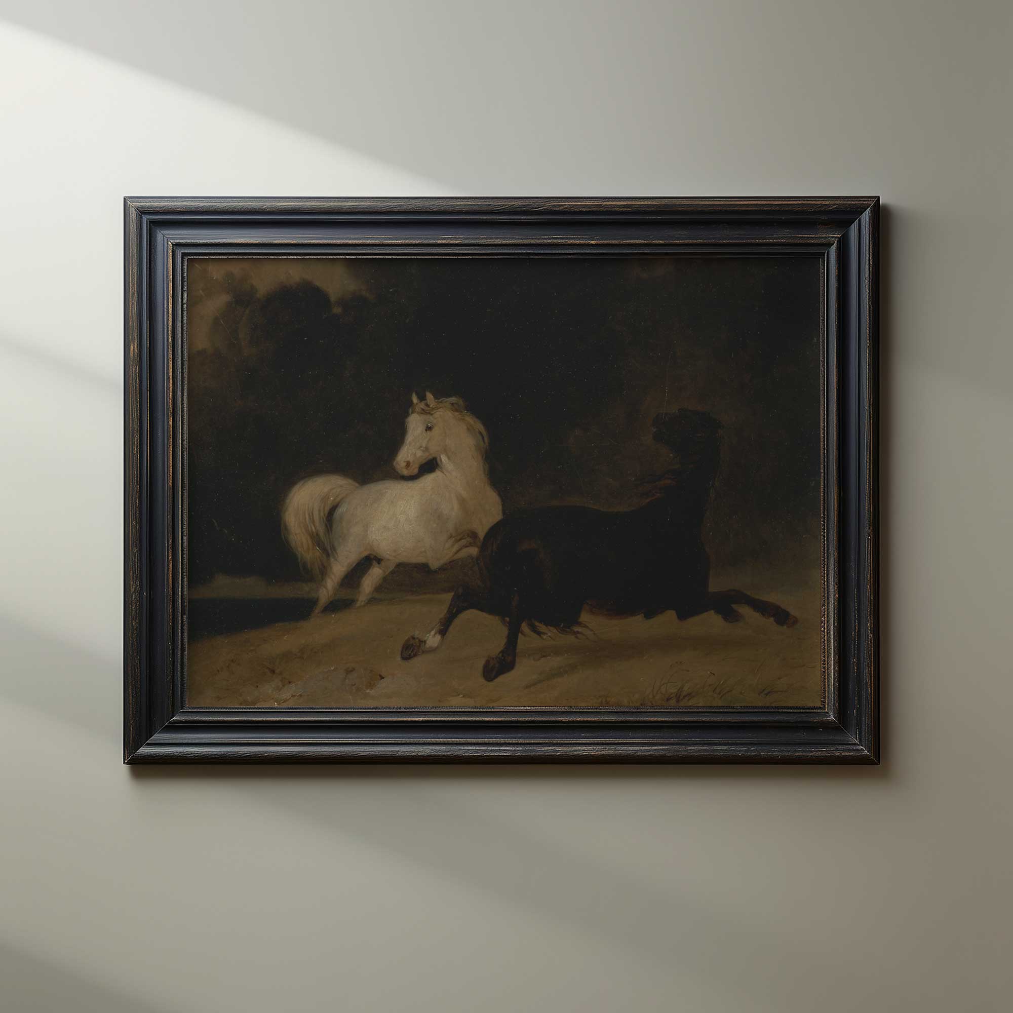 two dramatic horses in a dark, moody oil painting style in a black rustic frame