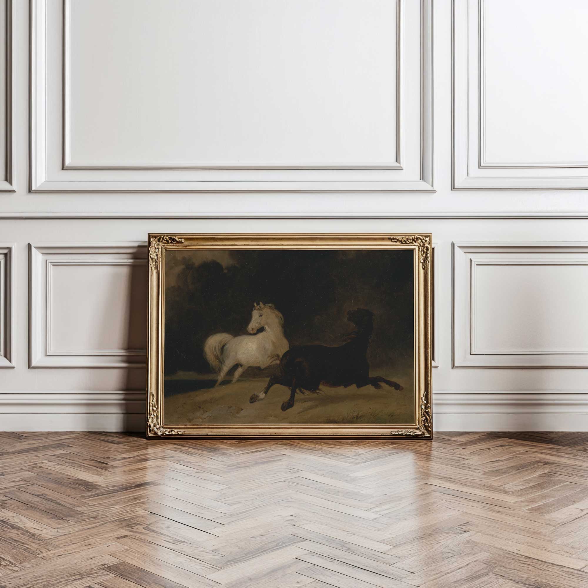 two dramatic horses in a dark, moody oil painting style in an ornate frame