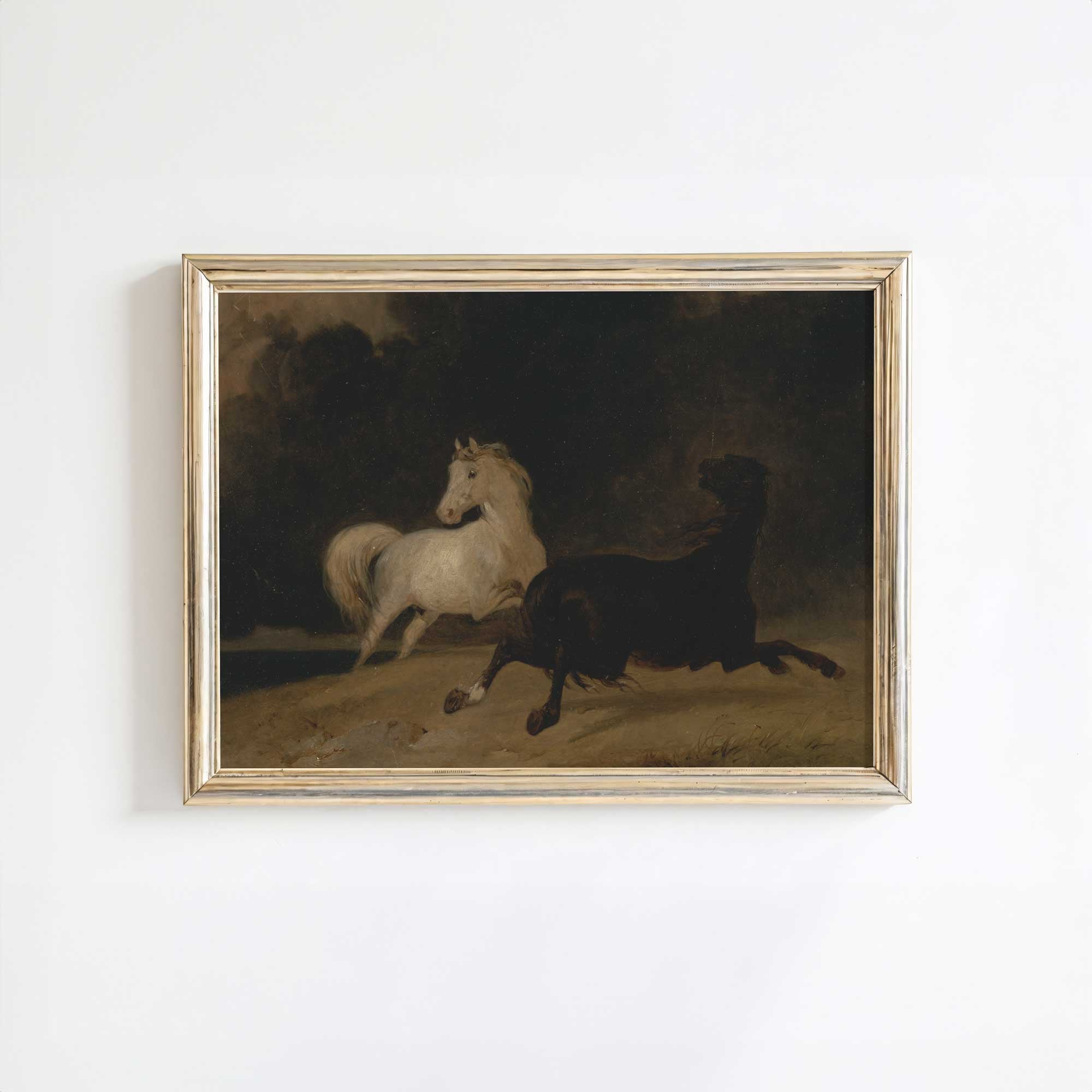 two dramatic horses in a dark, moody oil painting style in rustic frame