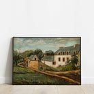 Vintage French Countryside Landscape Print, serene rural scene with houses and greenery.