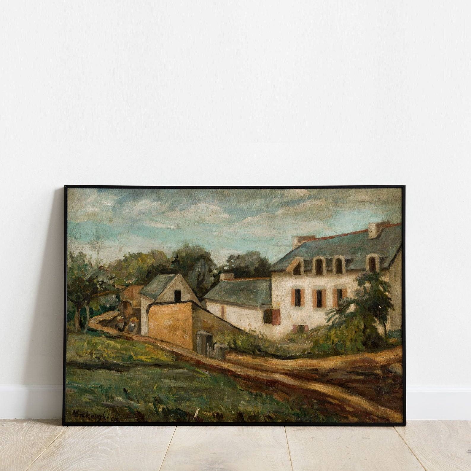 Vintage French Countryside Landscape Print, serene rural scene with houses and greenery.