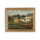 Vintage French Countryside Landscape Print, serene rural scene with houses and greenery.