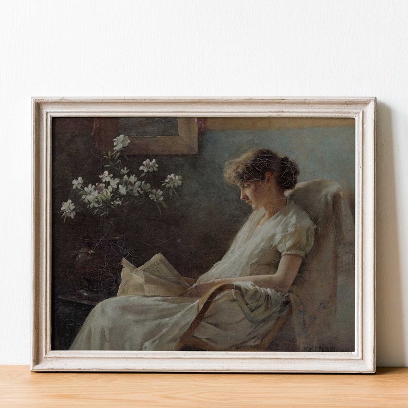Woman reading with rustic charm, vintage wall art with natural cracks