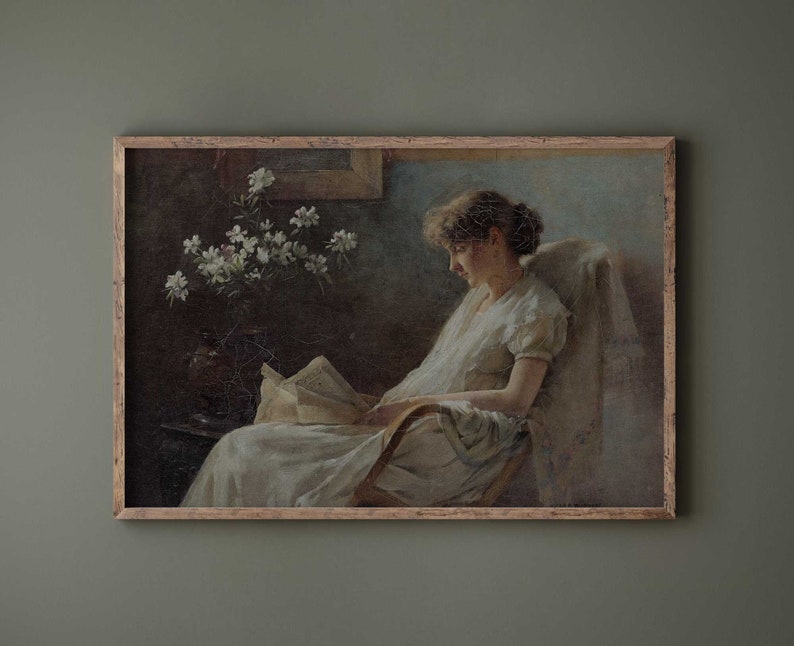 Woman reading with rustic charm, vintage wall art with natural cracks