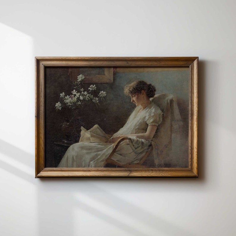 Woman reading with rustic charm, vintage wall art with natural cracks