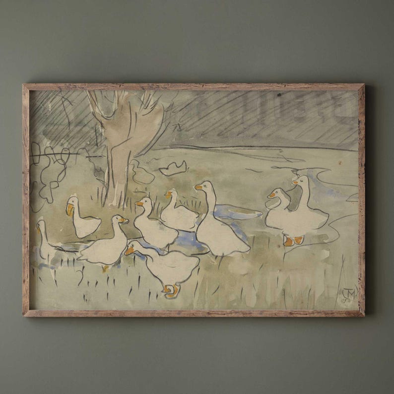 Farmhouse animal sketch print of ducks in rustic wooden frame on green wall.