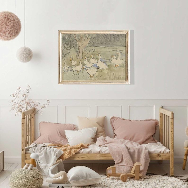 Vintage ducks nursery wall art above child's bed with soft neutral decor.