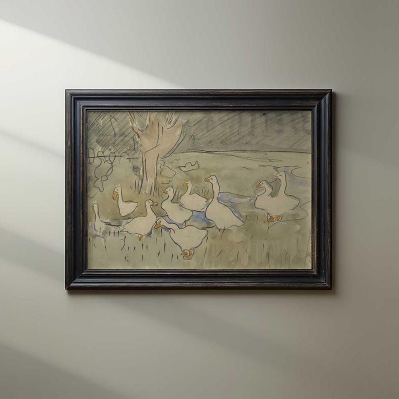 Farmhouse nursery duck print in black frame with natural light shadows.