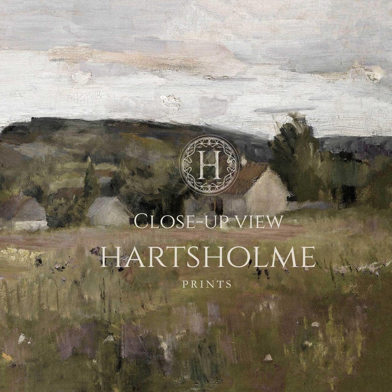 Framed landscape print featuring Nordic meadow scene with cottages and trees.