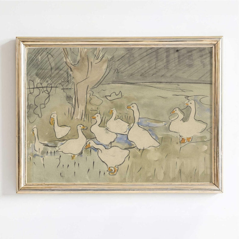 Vintage ducks nursery wall art above child's bed with soft neutral decor.