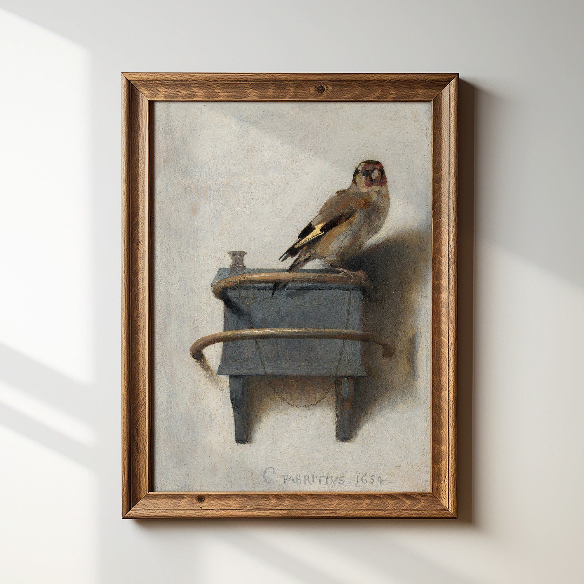 Goldfinch bird art print by Carel Fabritius, 17th-century vintage wildlife artwork