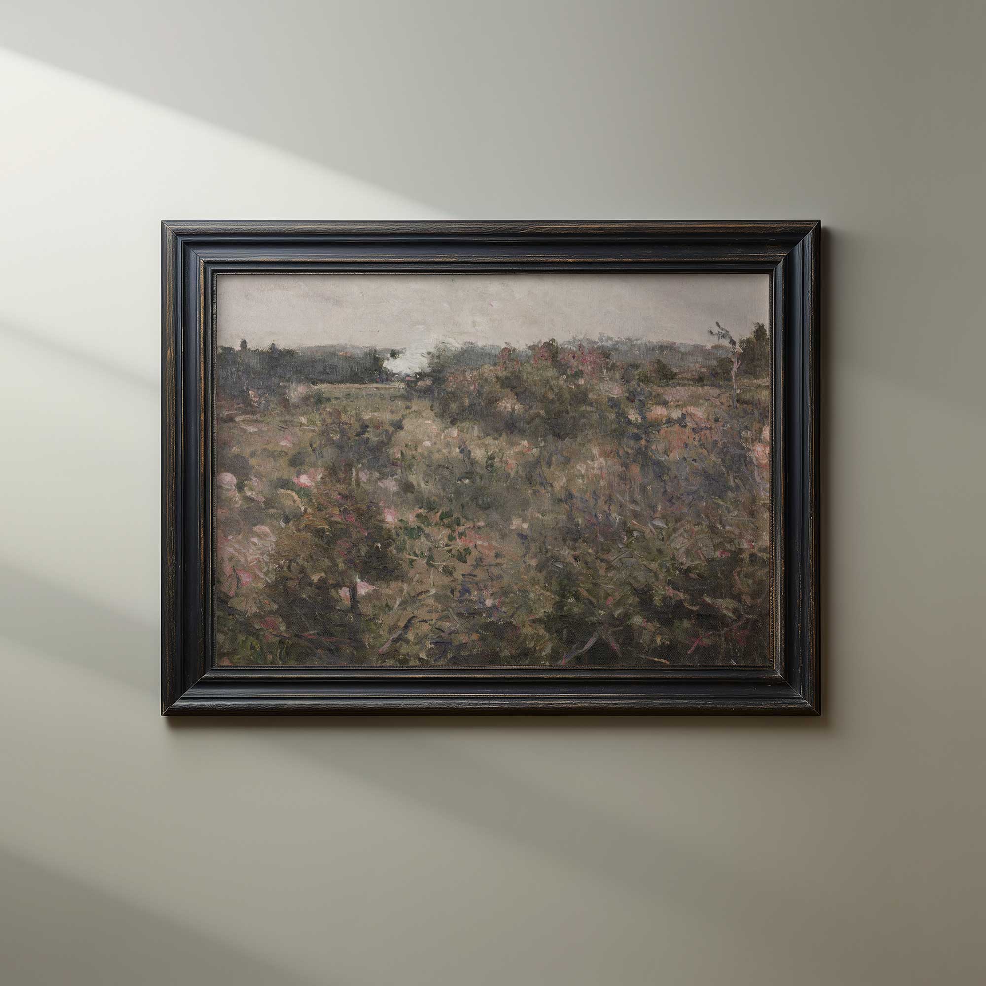 Framed French Meadow Field Landscape Print on a beige wall