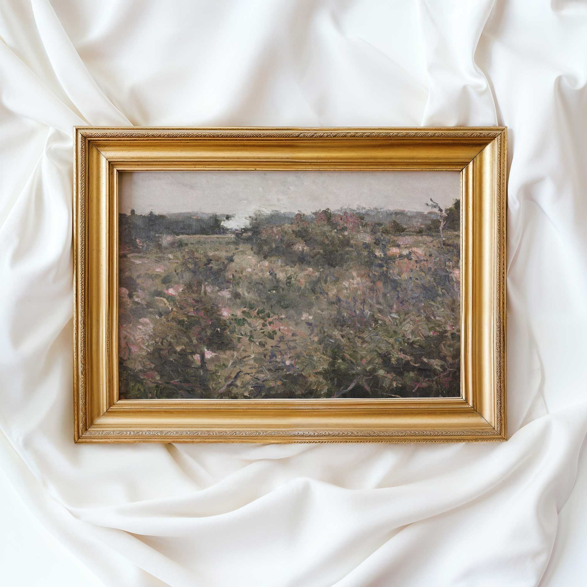 Framed French Meadow Field Landscape Print on a white fabric background