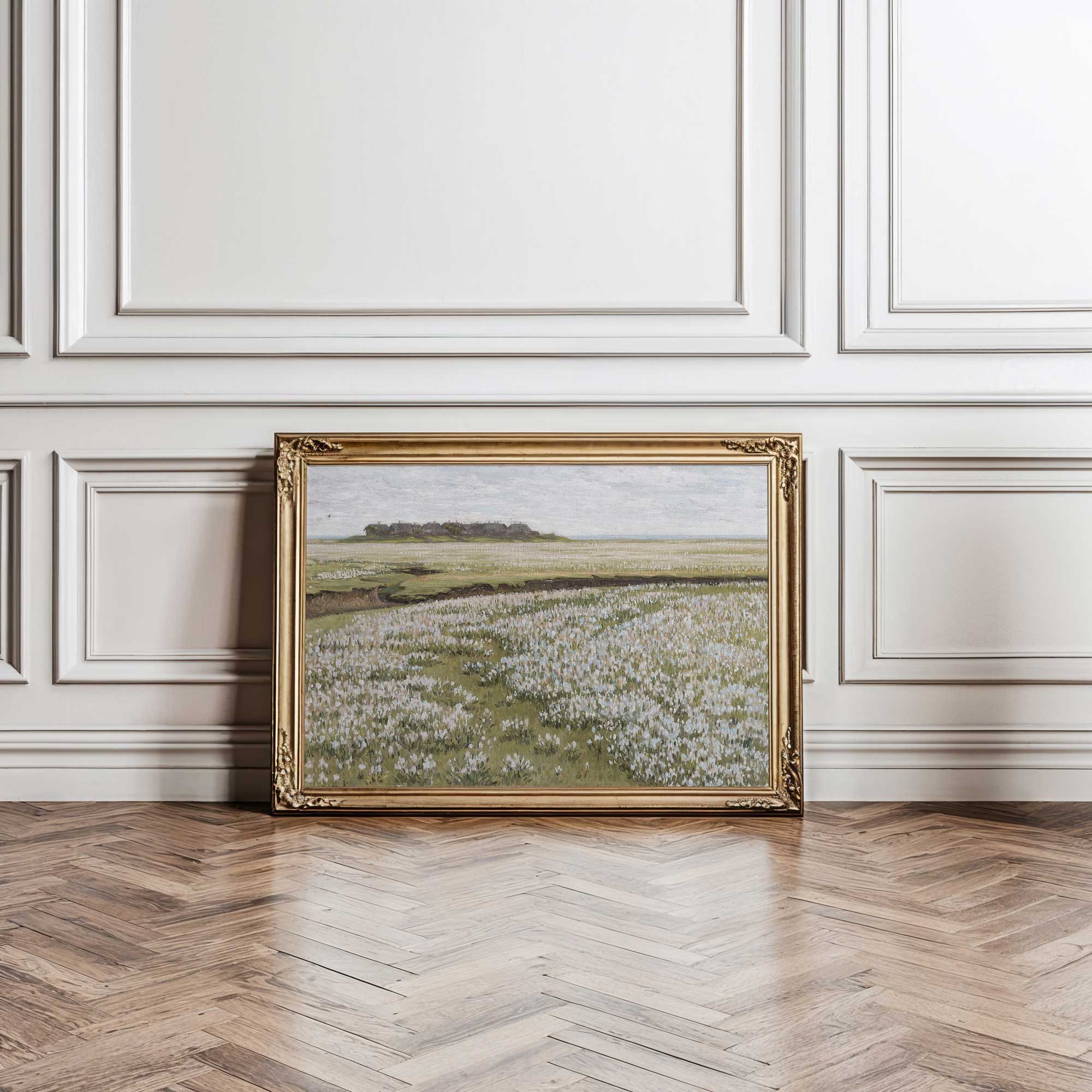 Framed Blooming Floral Meadow landscape painting on a wall with wooden floor