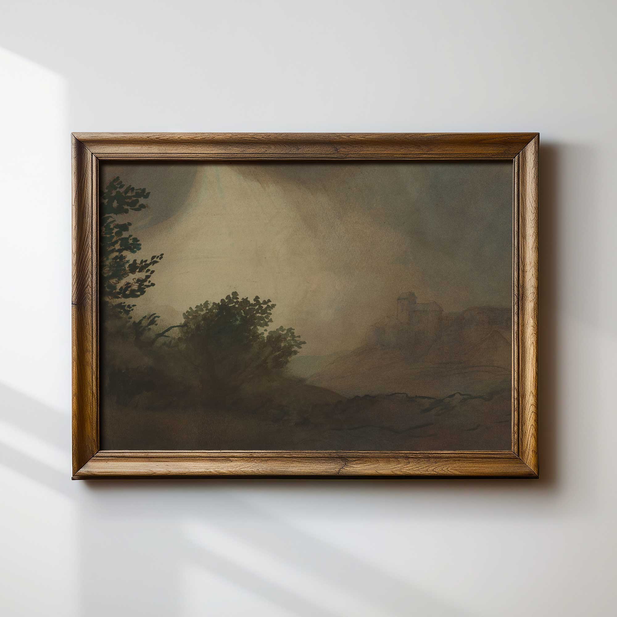 Framed Dark Vintage Landscape Print on a white wall