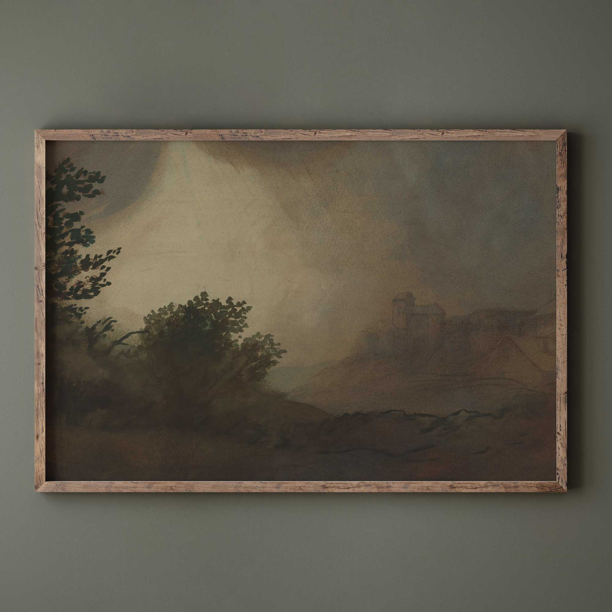 Framed Dark Vintage Landscape Print on a green wall