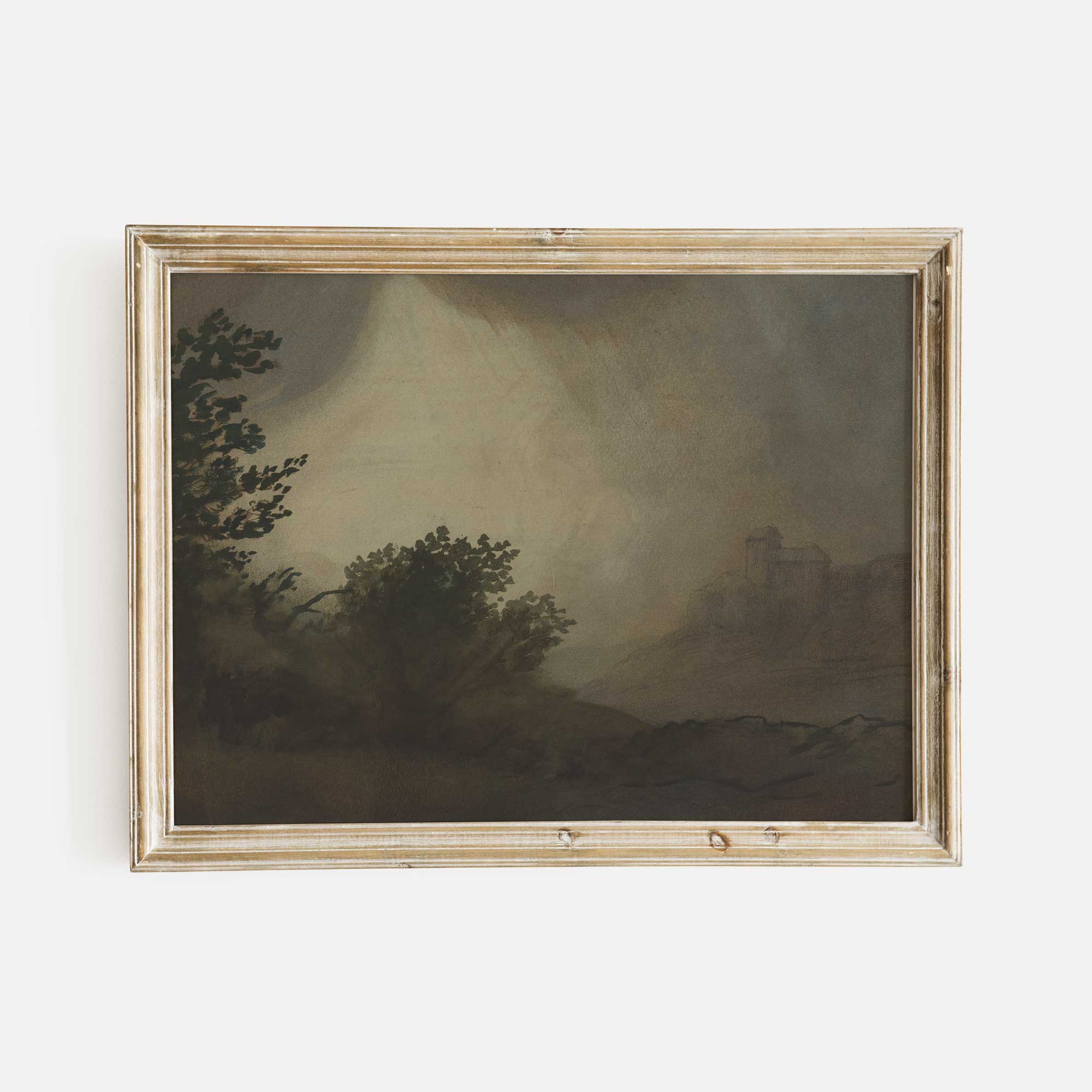 FramedDark Vintage Landscape Print with trees and a mountain on a white wall