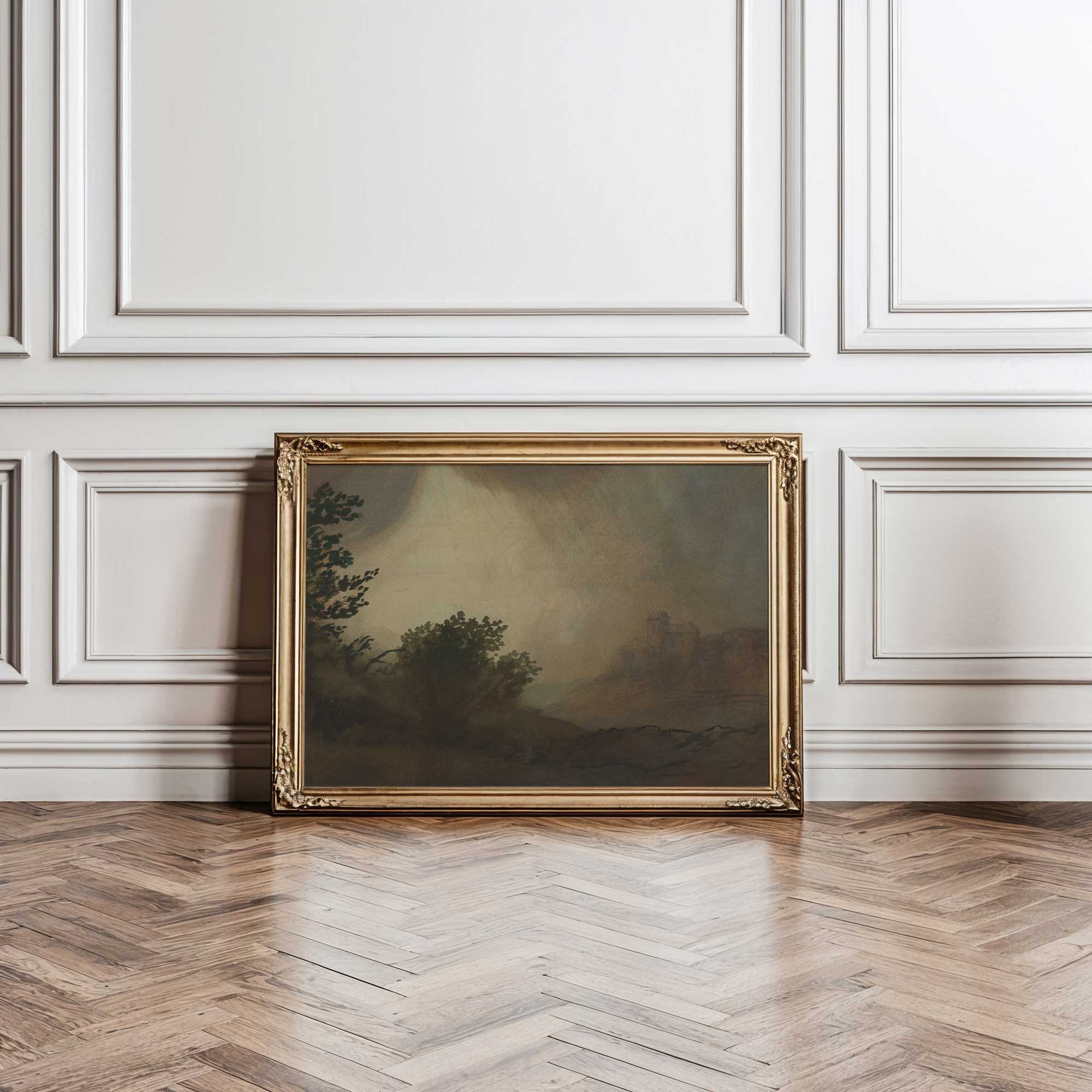 Framed Dark Vintage Landscape Print on a wall with wooden floor