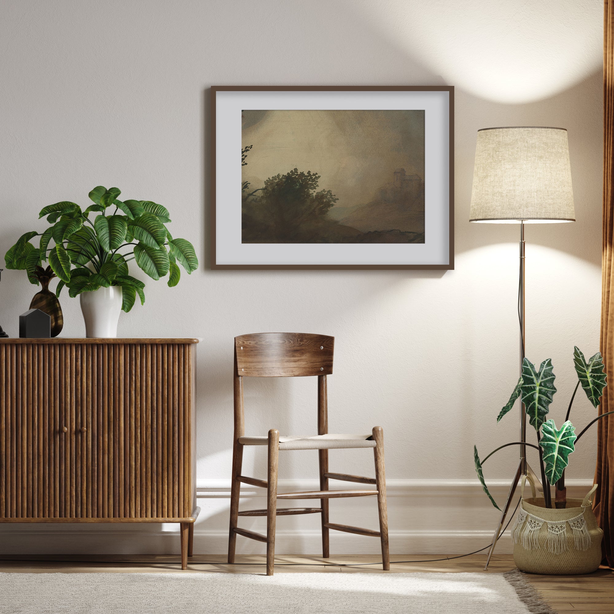 living room with wooden furniture, plants, and a Dark Vintage Landscape Print.