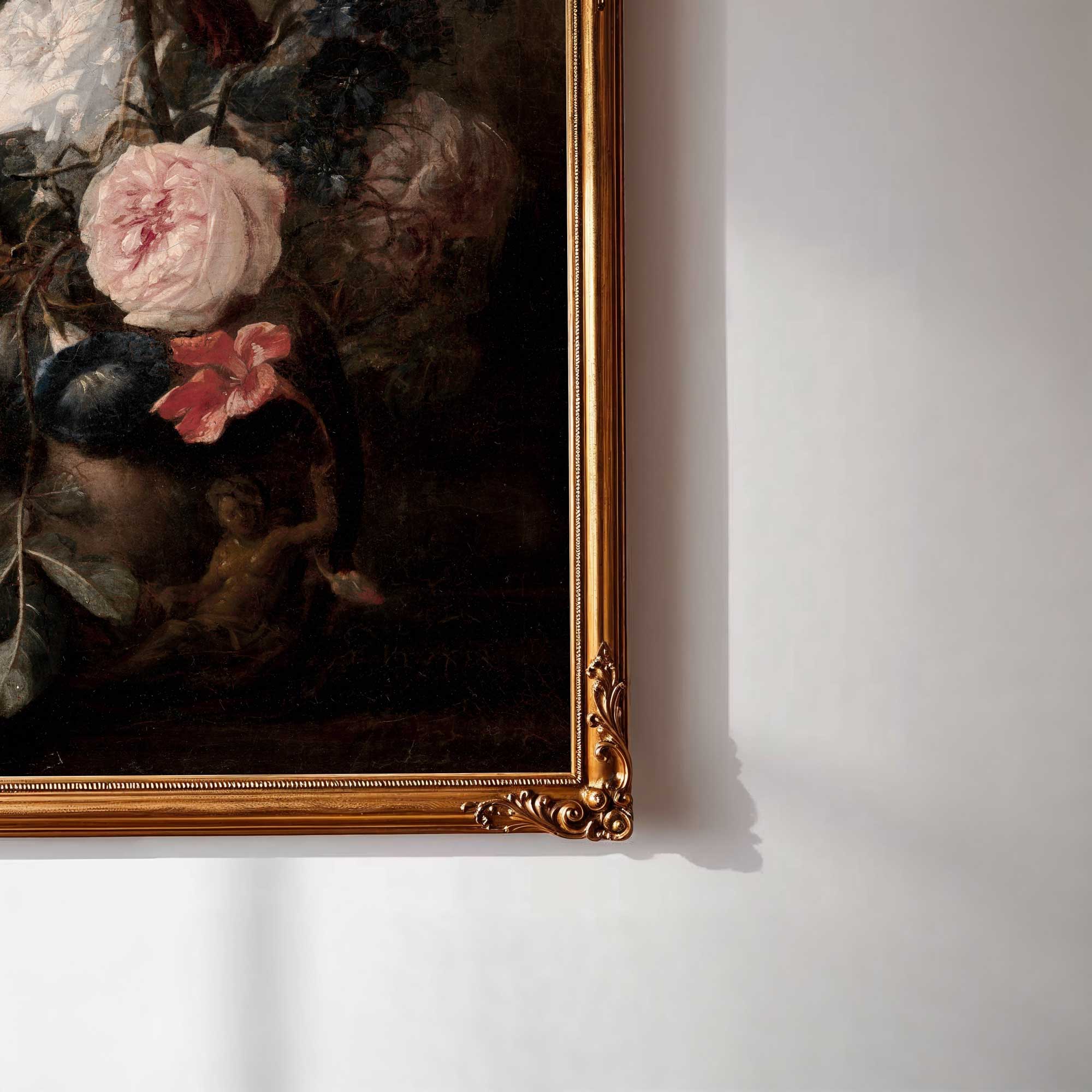 Framed painting of flowers on a white wall