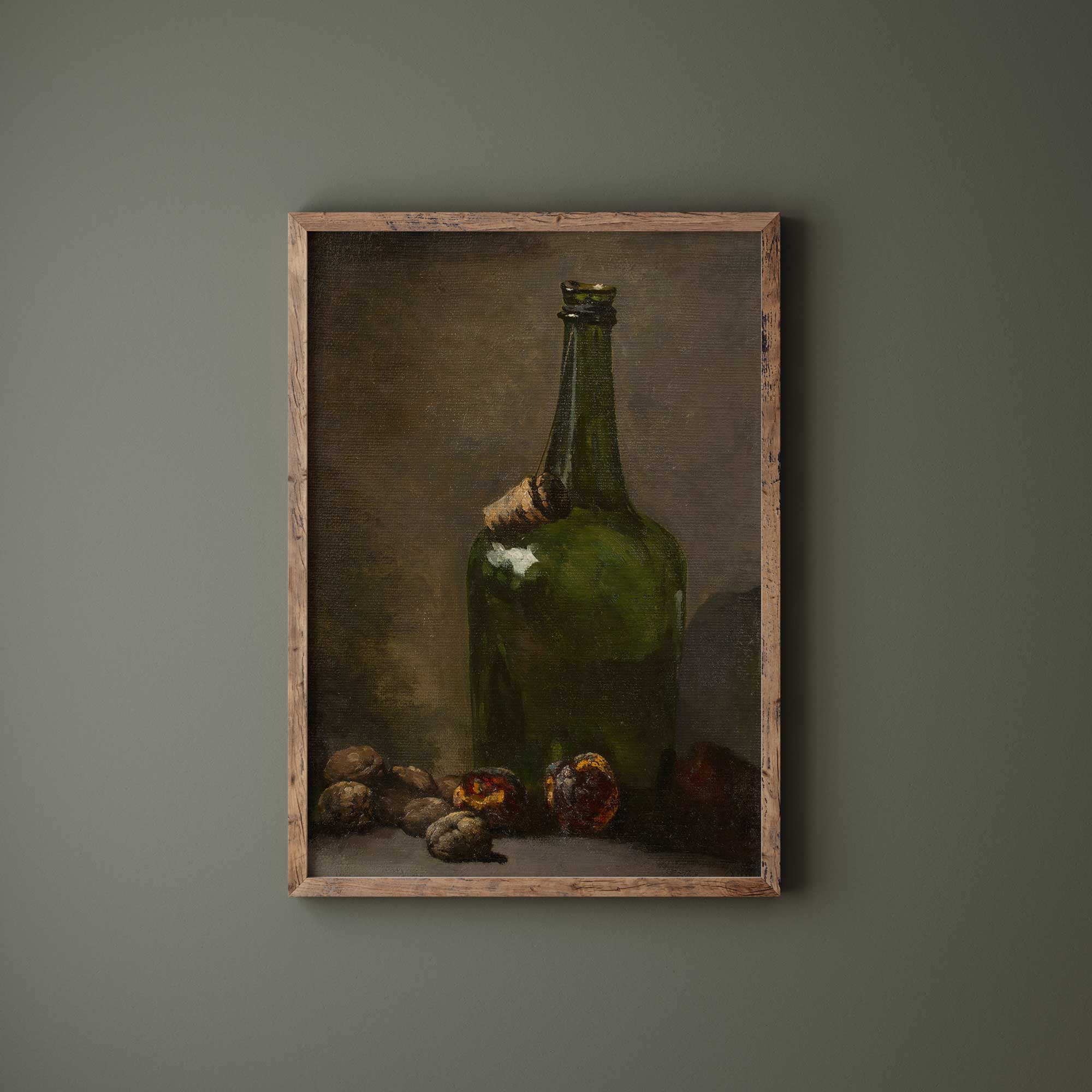 Framed painting of a green bottle and fruits on a dark background