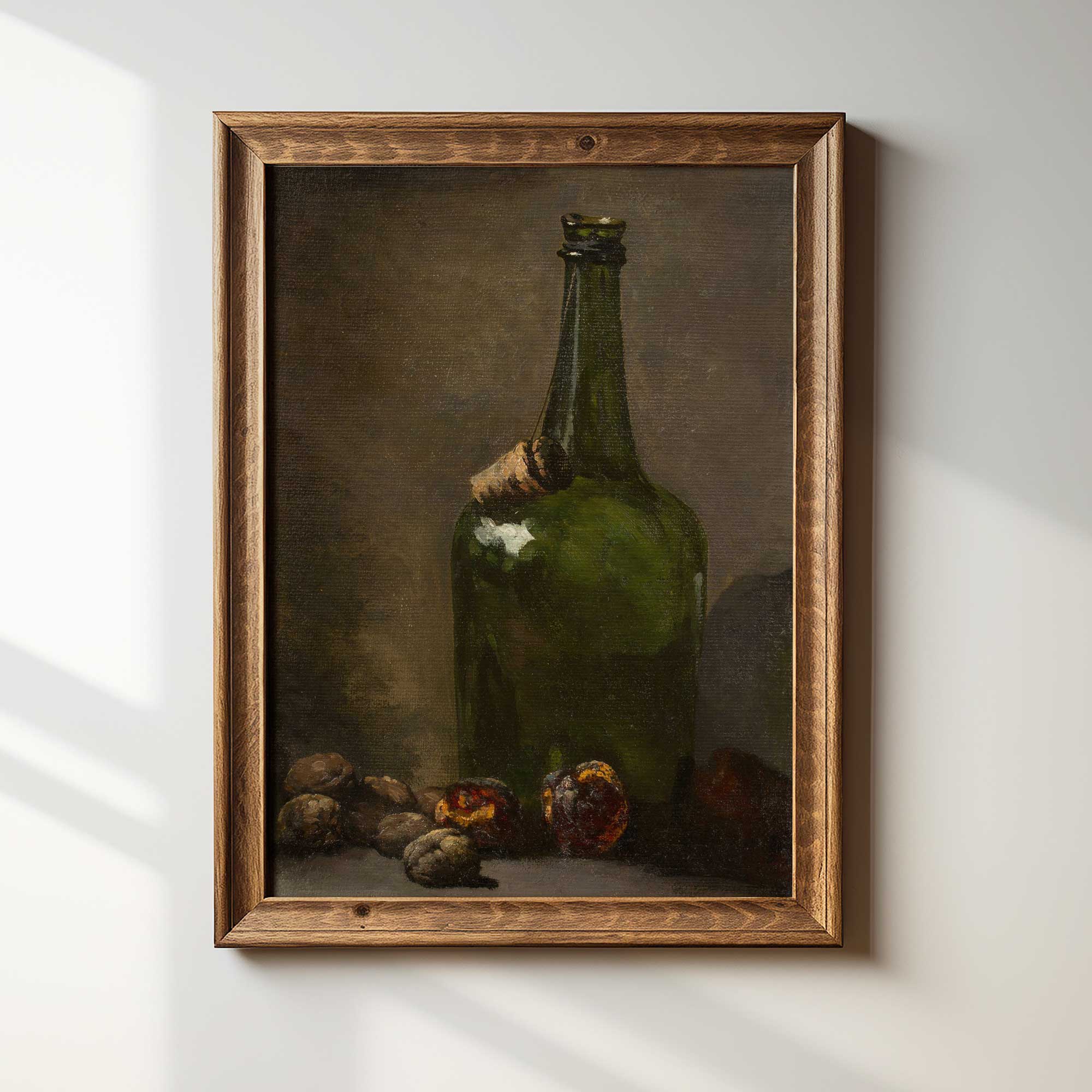 Framed painting of a green bottle and fruits on a neutral background