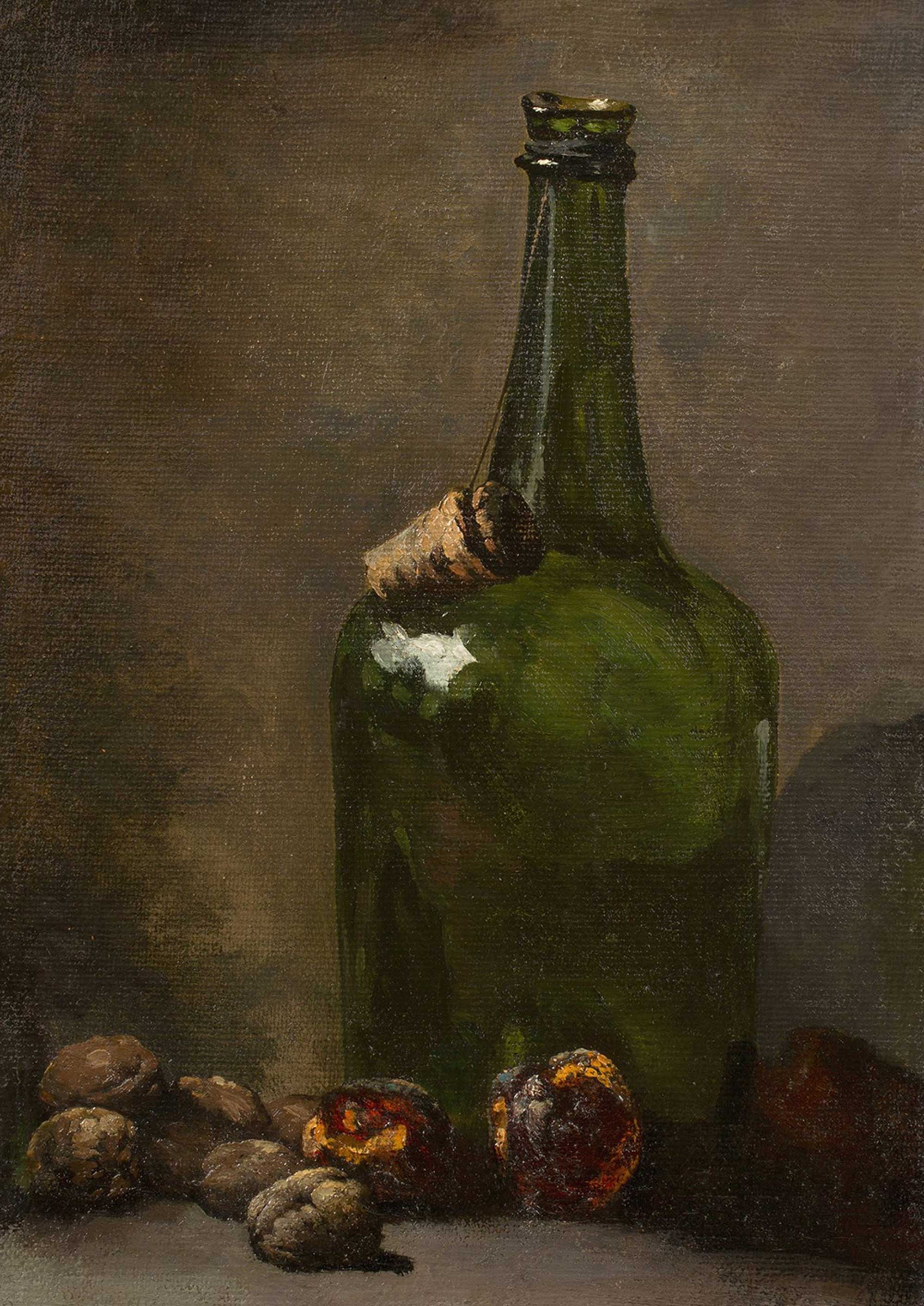 Still life painting of a green bottle with dried fruits and nuts on a textured surface.