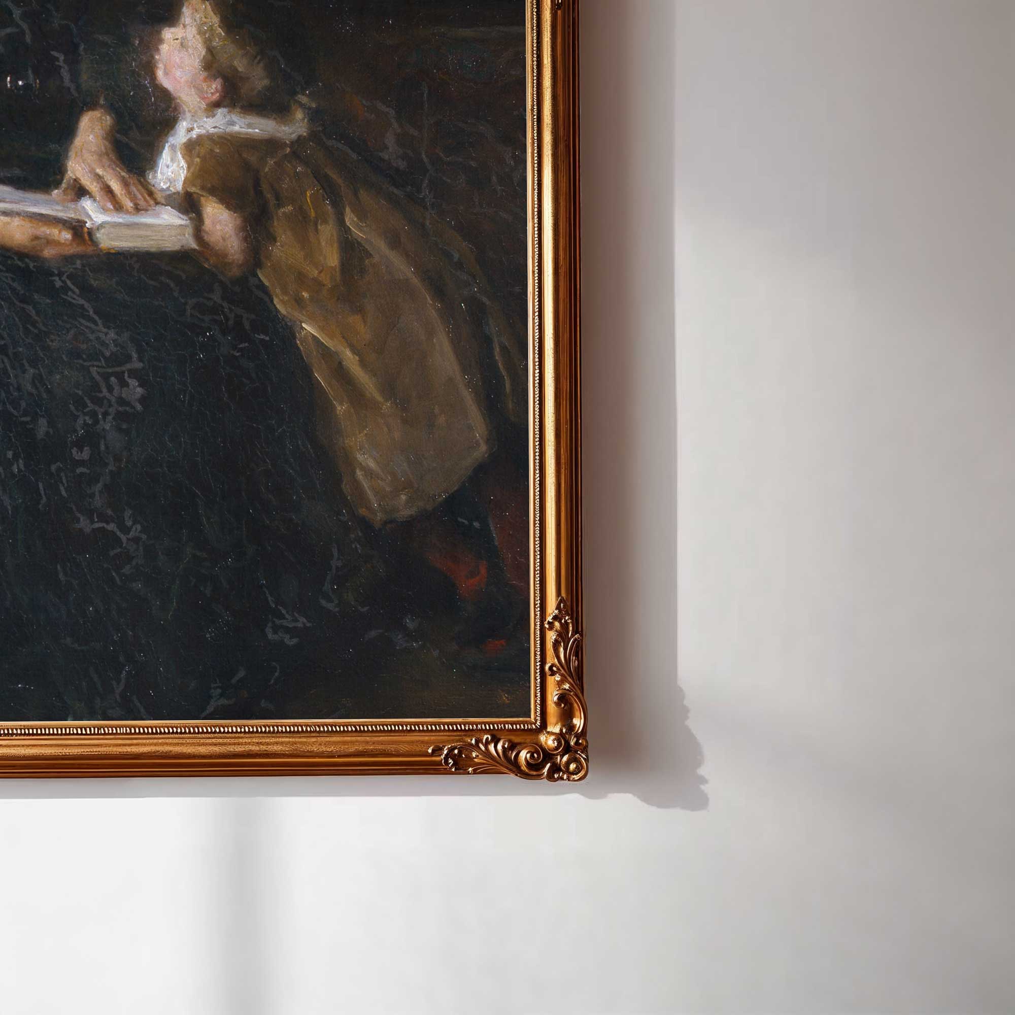 Close-up view of Mother and child reading print in gold frame.