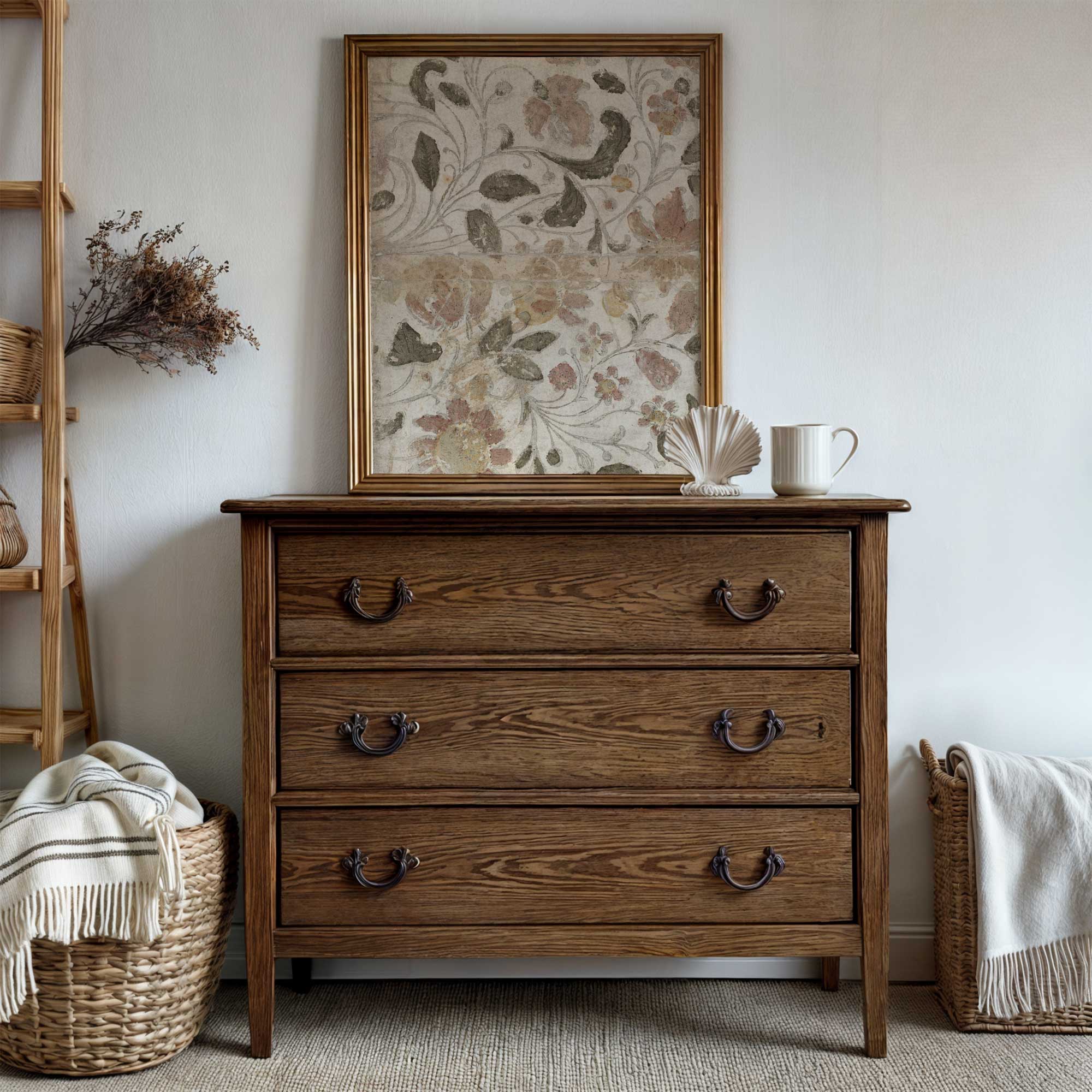 Wooden dresser with decorative items and a floral painting in a room.